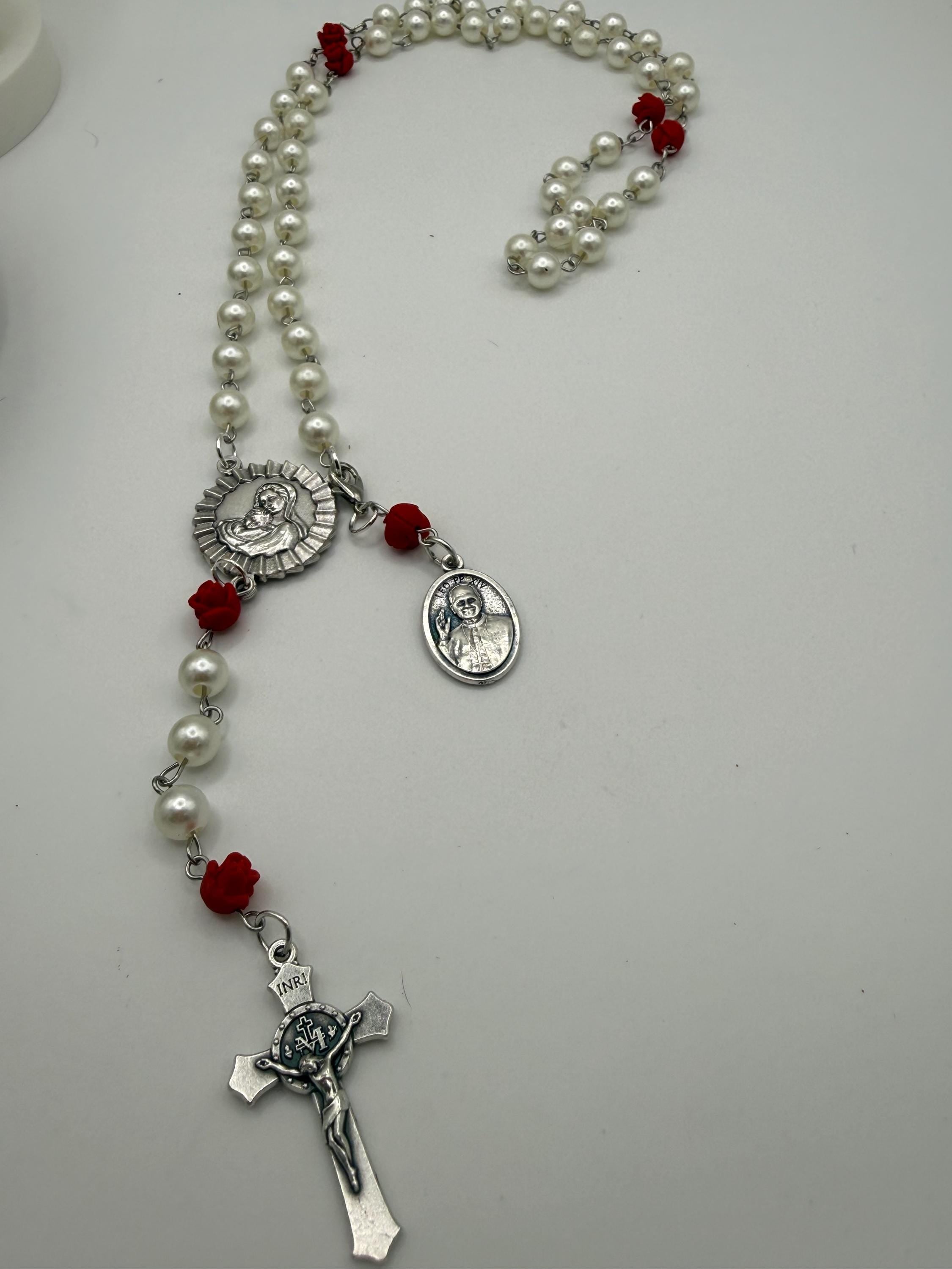 Pearl Like and Red Rose Handmade Rosary Catholic with Madonna Center & Crucifix Gift