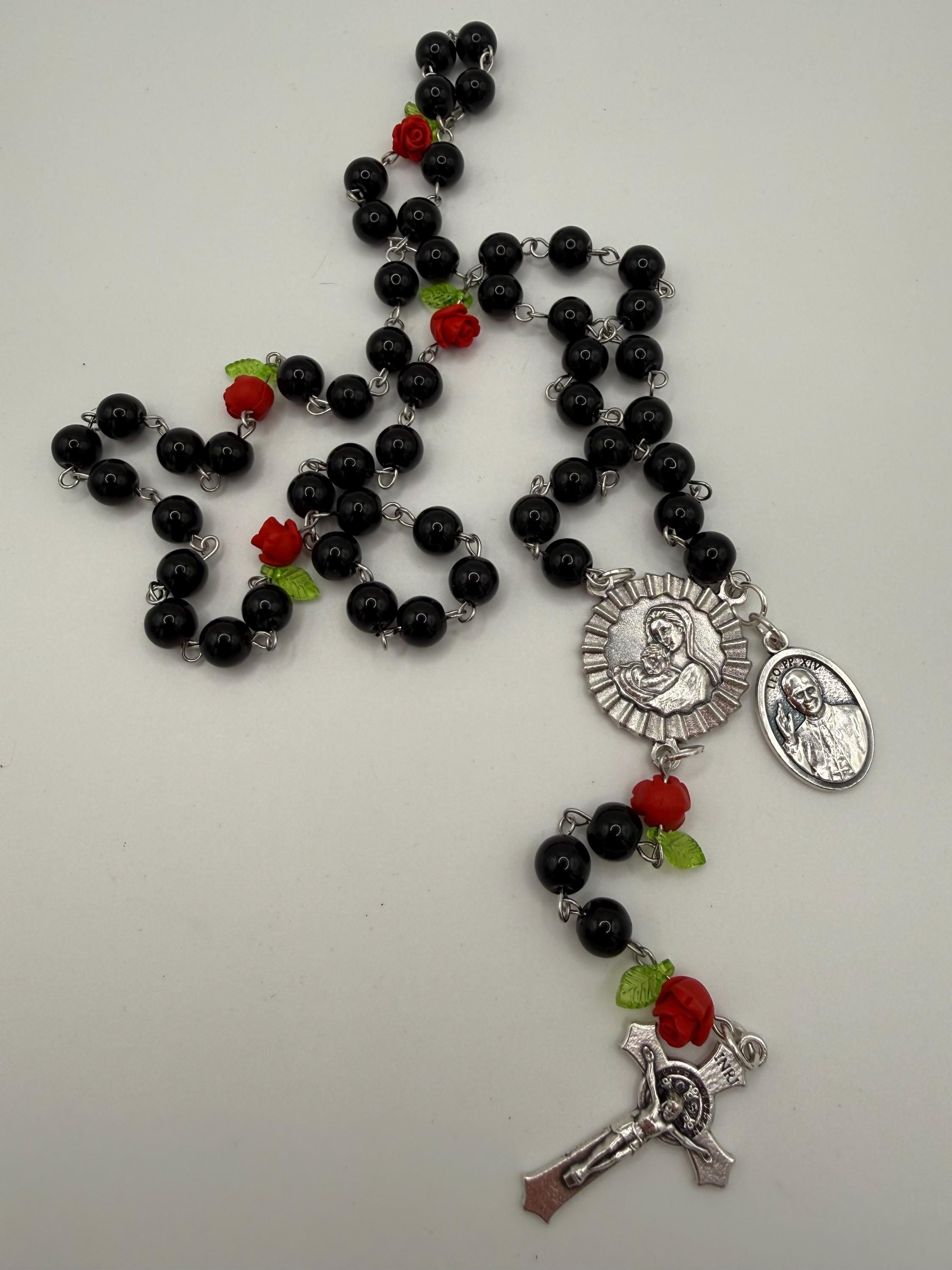 Black Rosary, Red Rose Accents, Madonna & Child, St. Pope Leo Medal