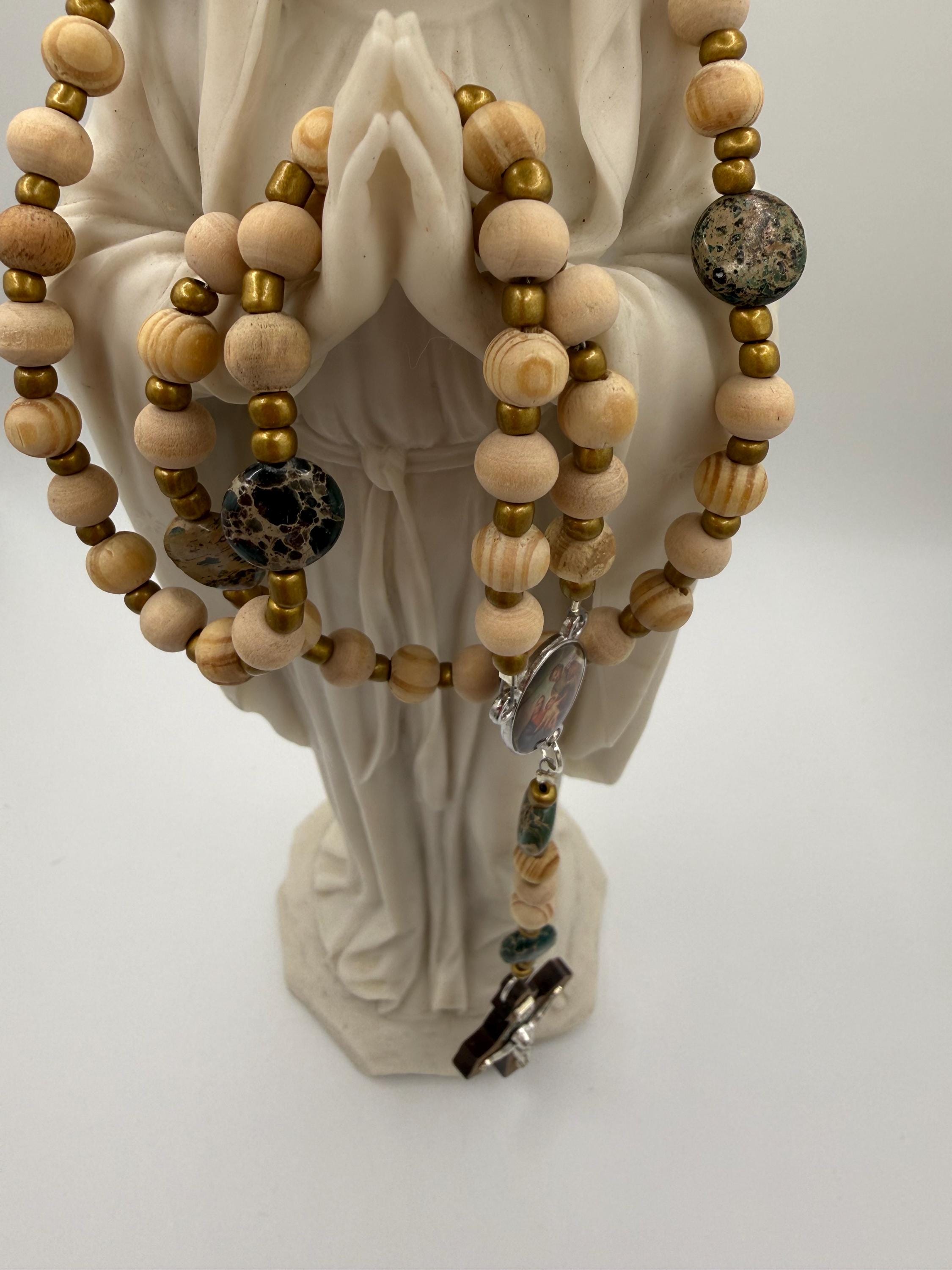 Handmade Green Bead Rosary with Wood & Silver Crucifix – Catholic Prayer Rosary