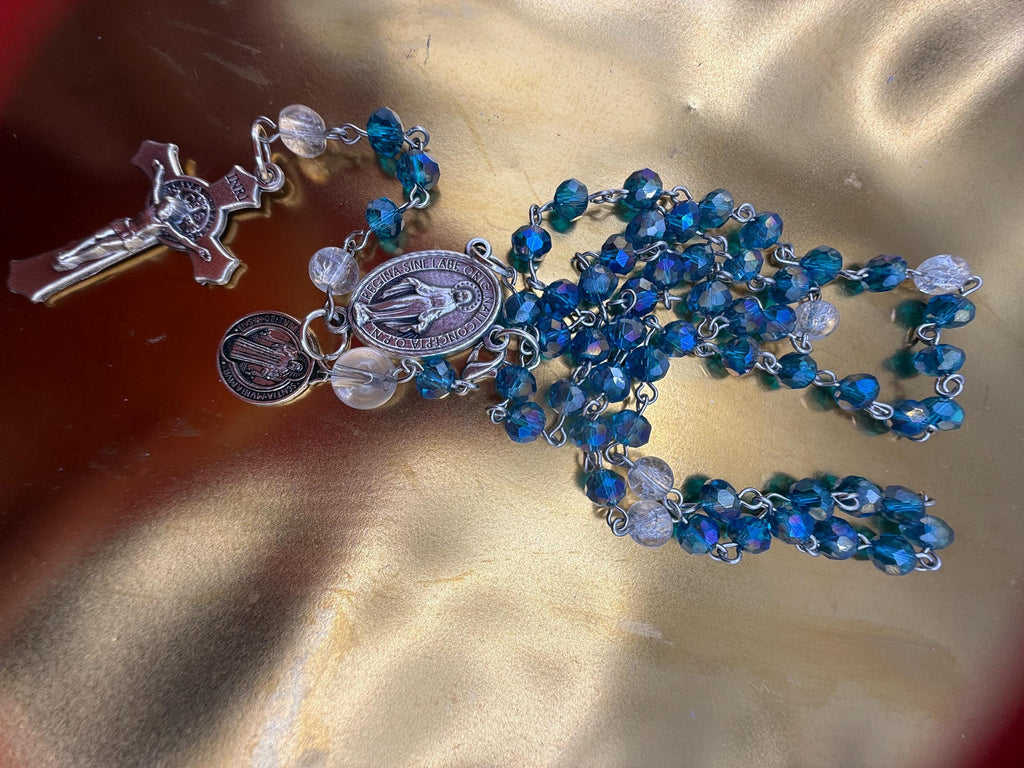 Blue Crystal Rosary with INR Crucifix and Rosary Tracker