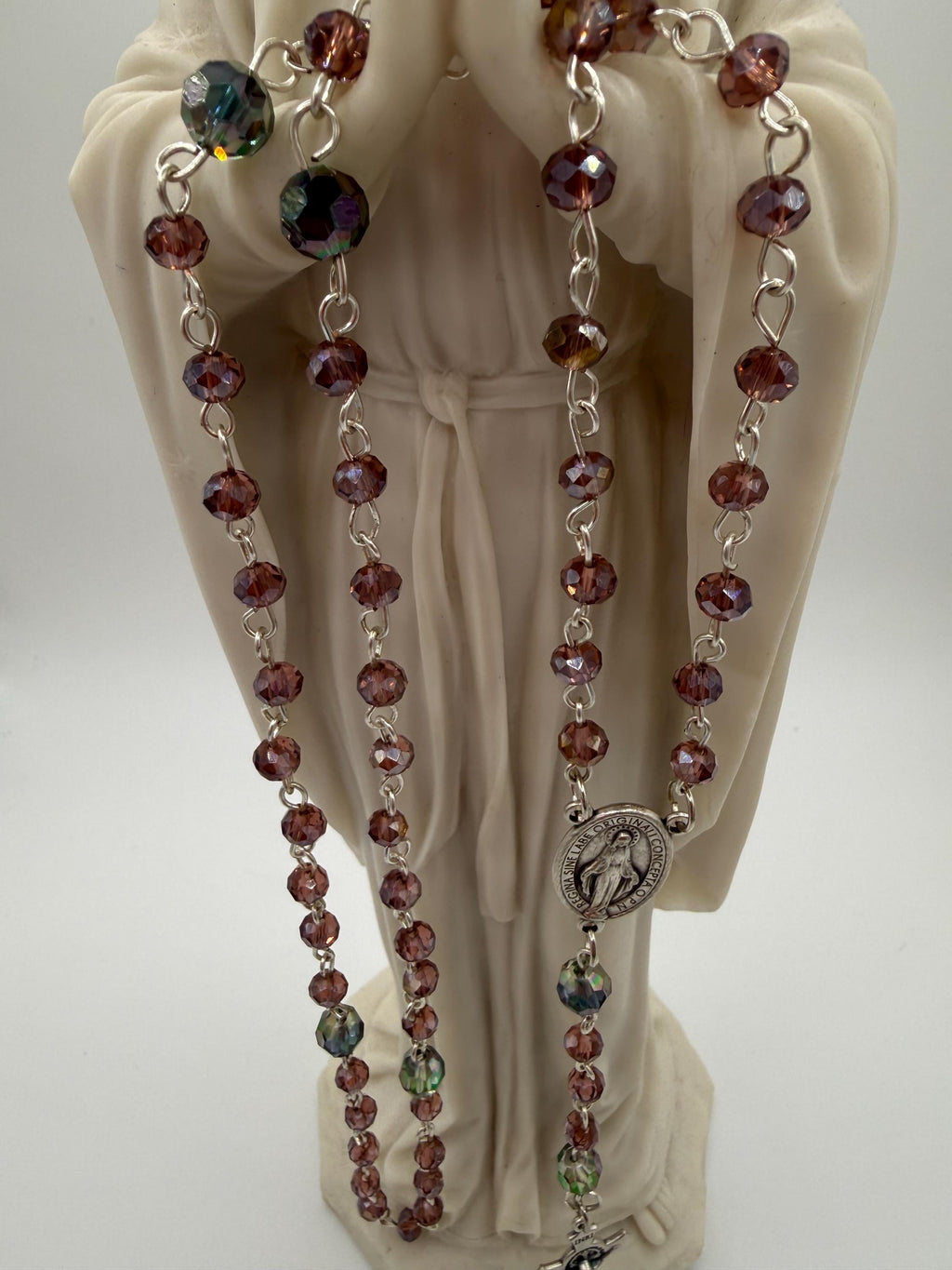 Purple Crystal Rosary, Iridescent Our Father Beads, Miraculous Medal