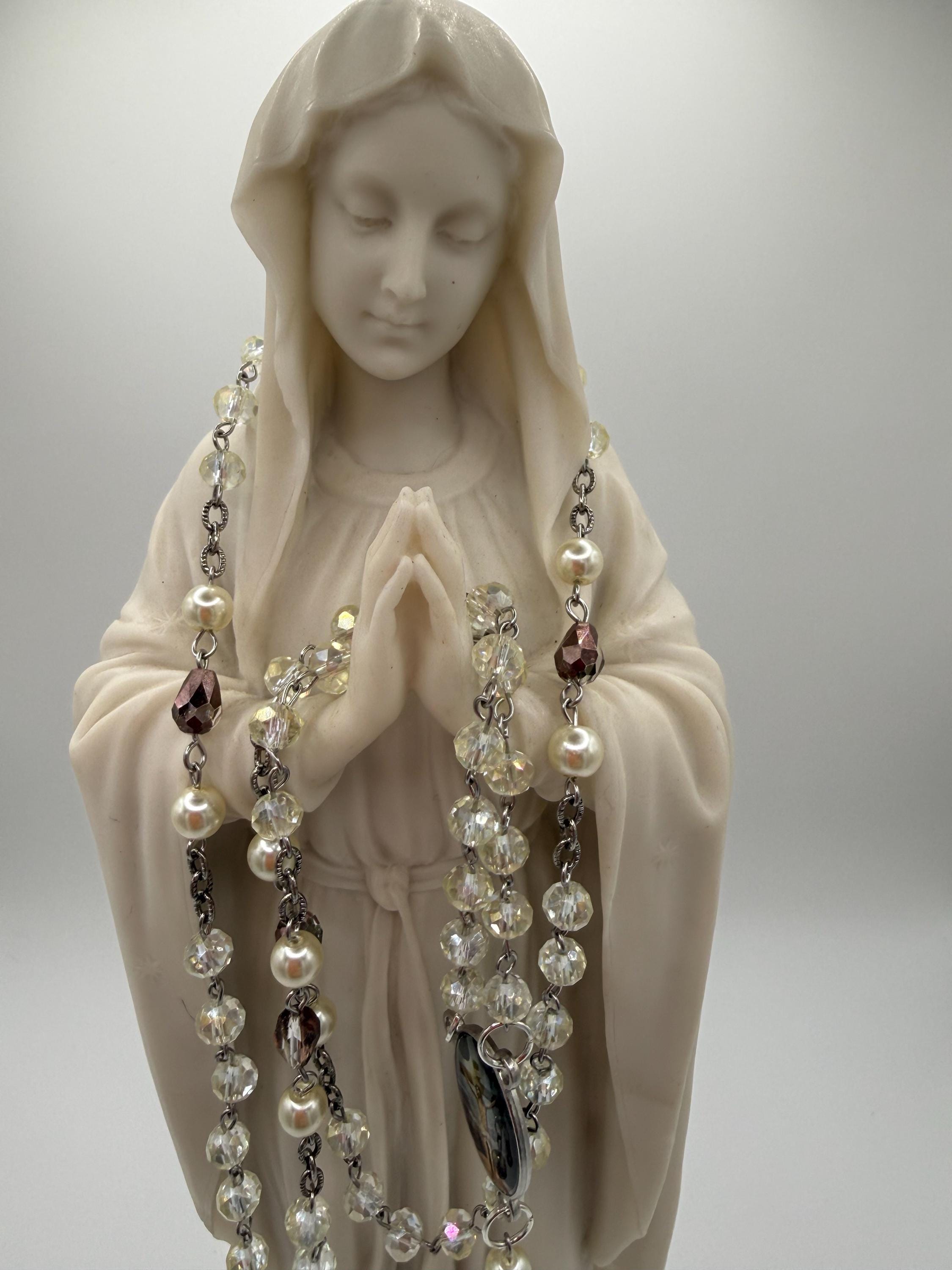 Handcrafted Catholic Rosary - Clear Crystal & Faux Pearl Beads with St. Benedict Crucifix and Sacred Heart Centerpiece - Traditional Prayer