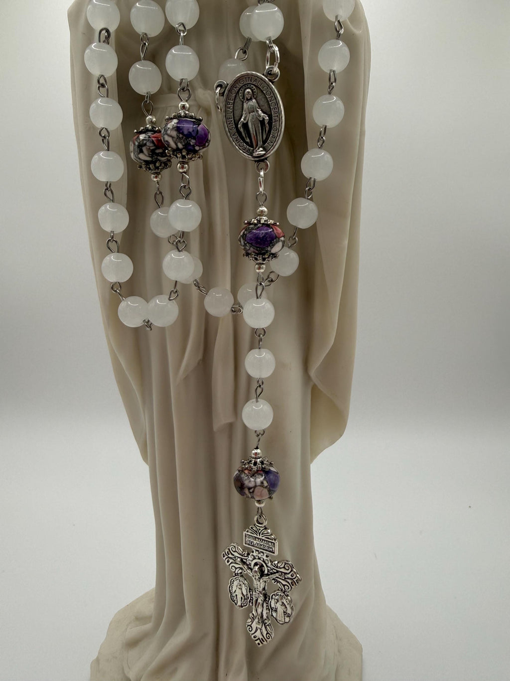 White Stone Rosary with Silver-Capped Accent Marble “Our Father” Beads.