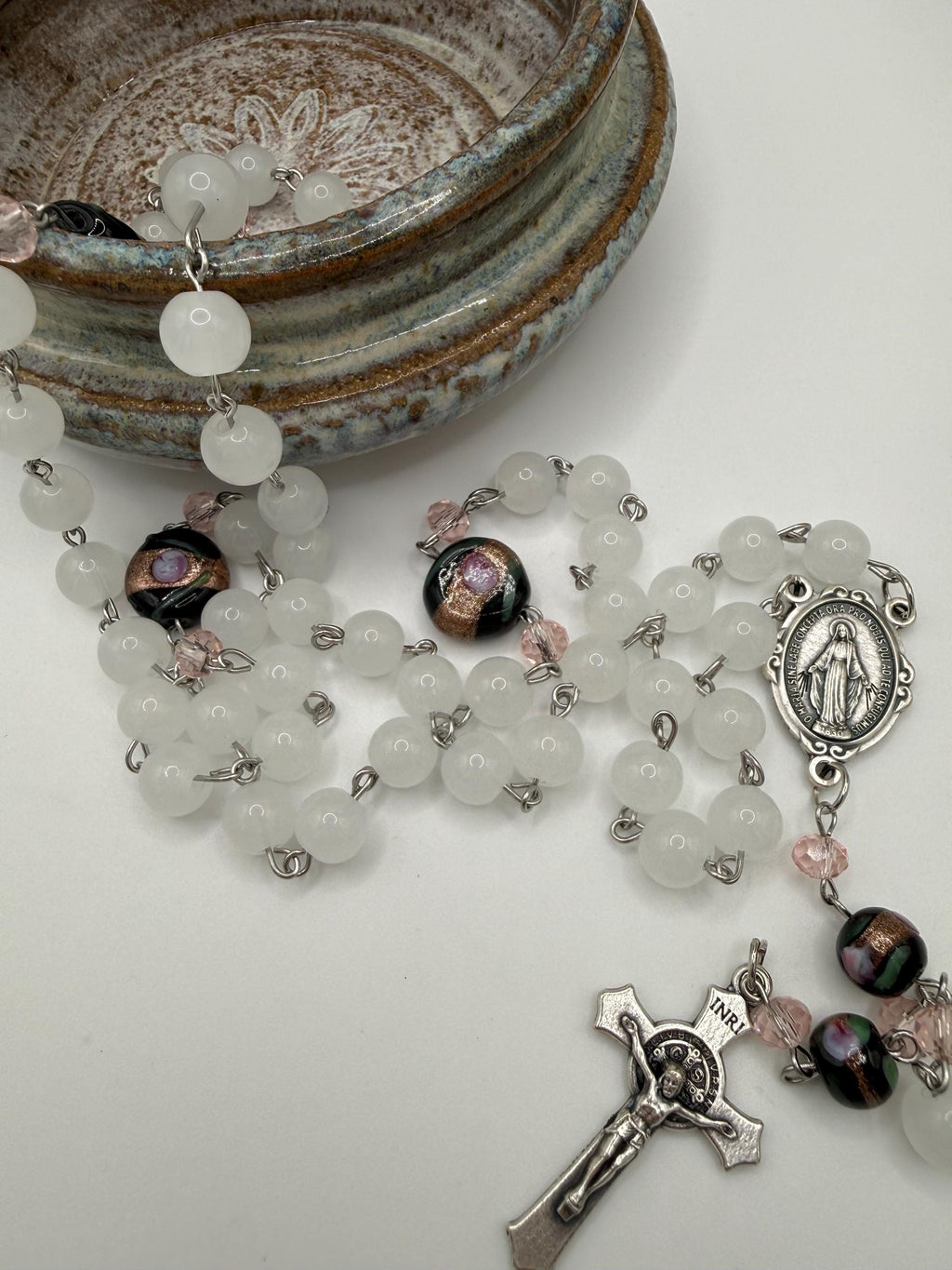 Unique and One of a Kind Rosary With Black Beads and Pink Roses.