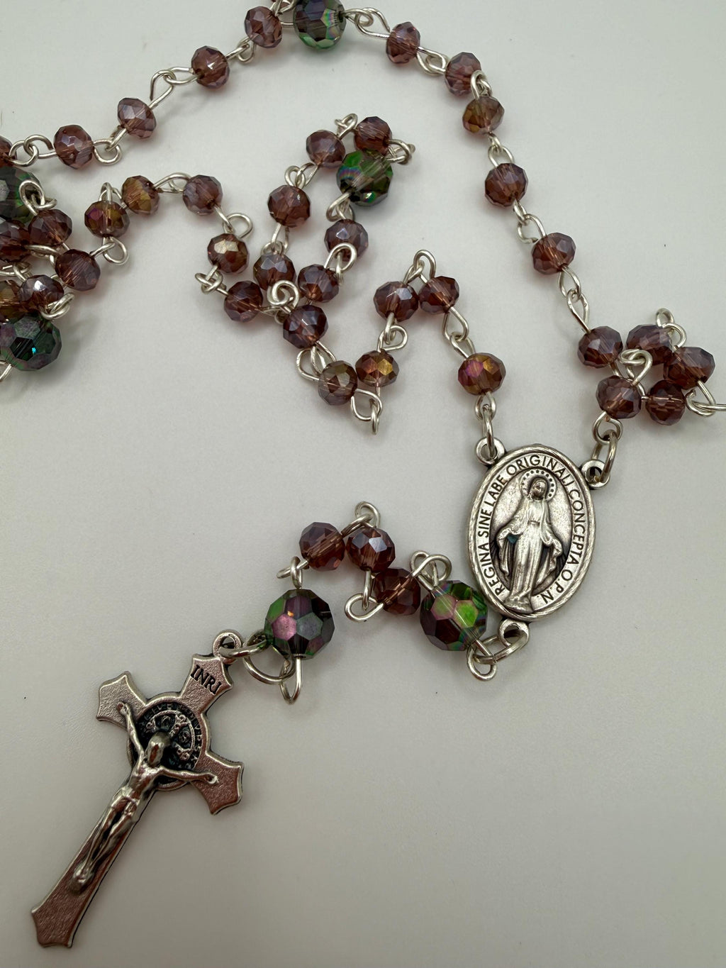 Purple Crystal Rosary, Iridescent Our Father Beads, Miraculous Medal