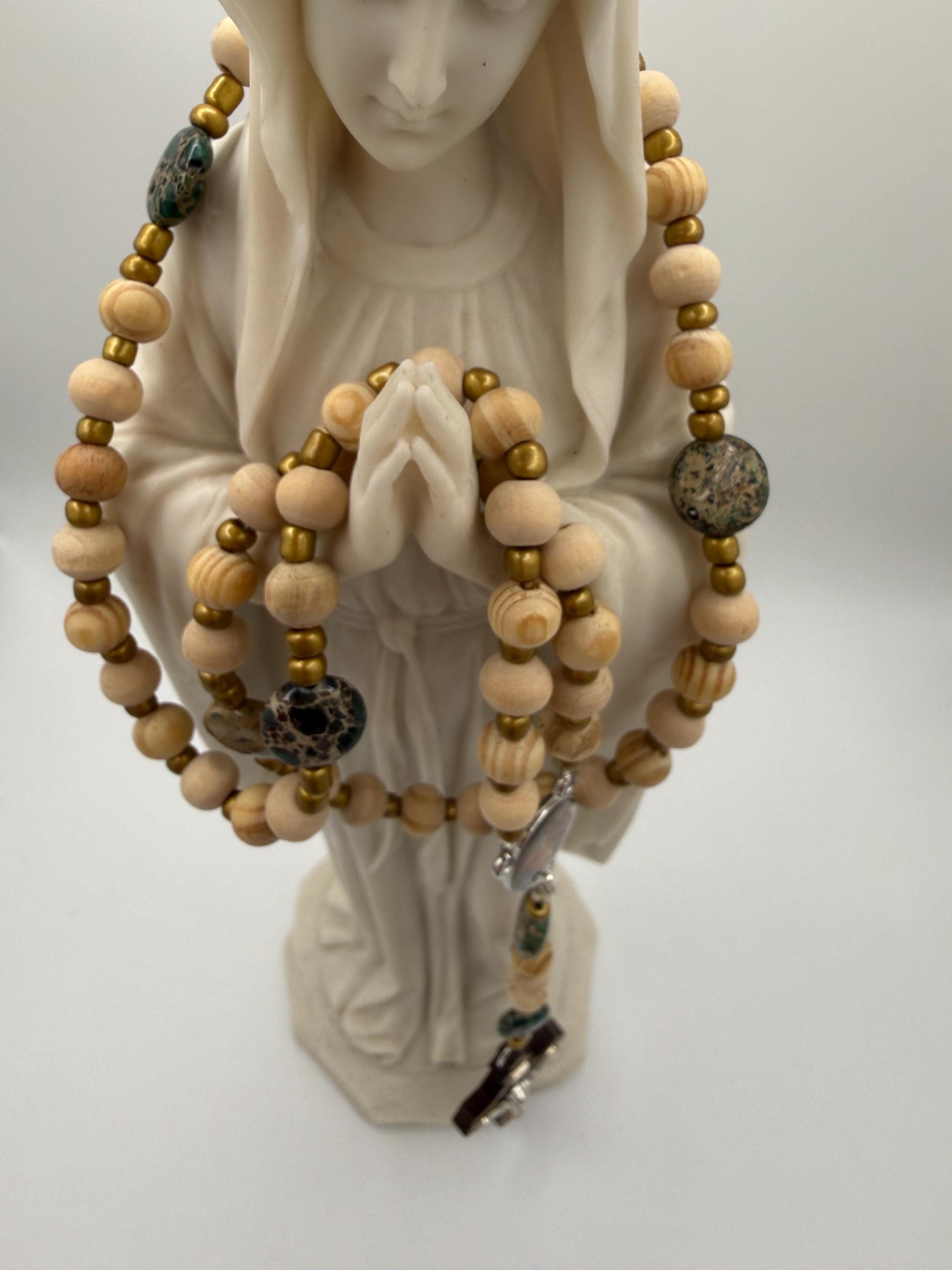 Handmade Green Bead Rosary with Wood & Silver Crucifix – Catholic Prayer Rosary
