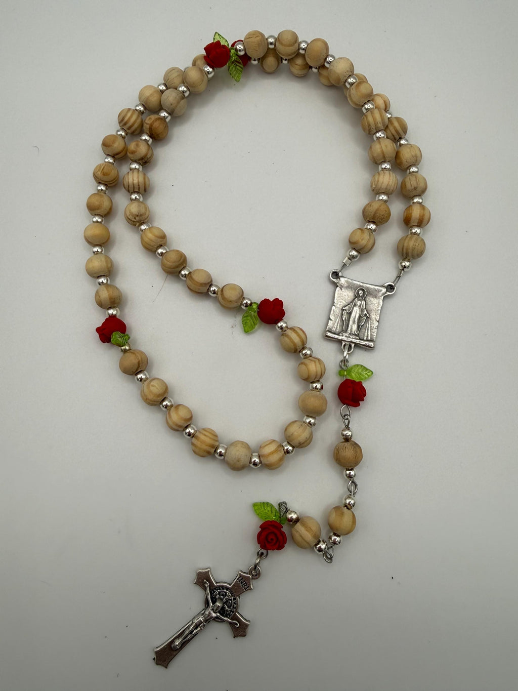 Wooden Rosary, Silver-toned Spacers, Red Rose  “Our Father Beads”