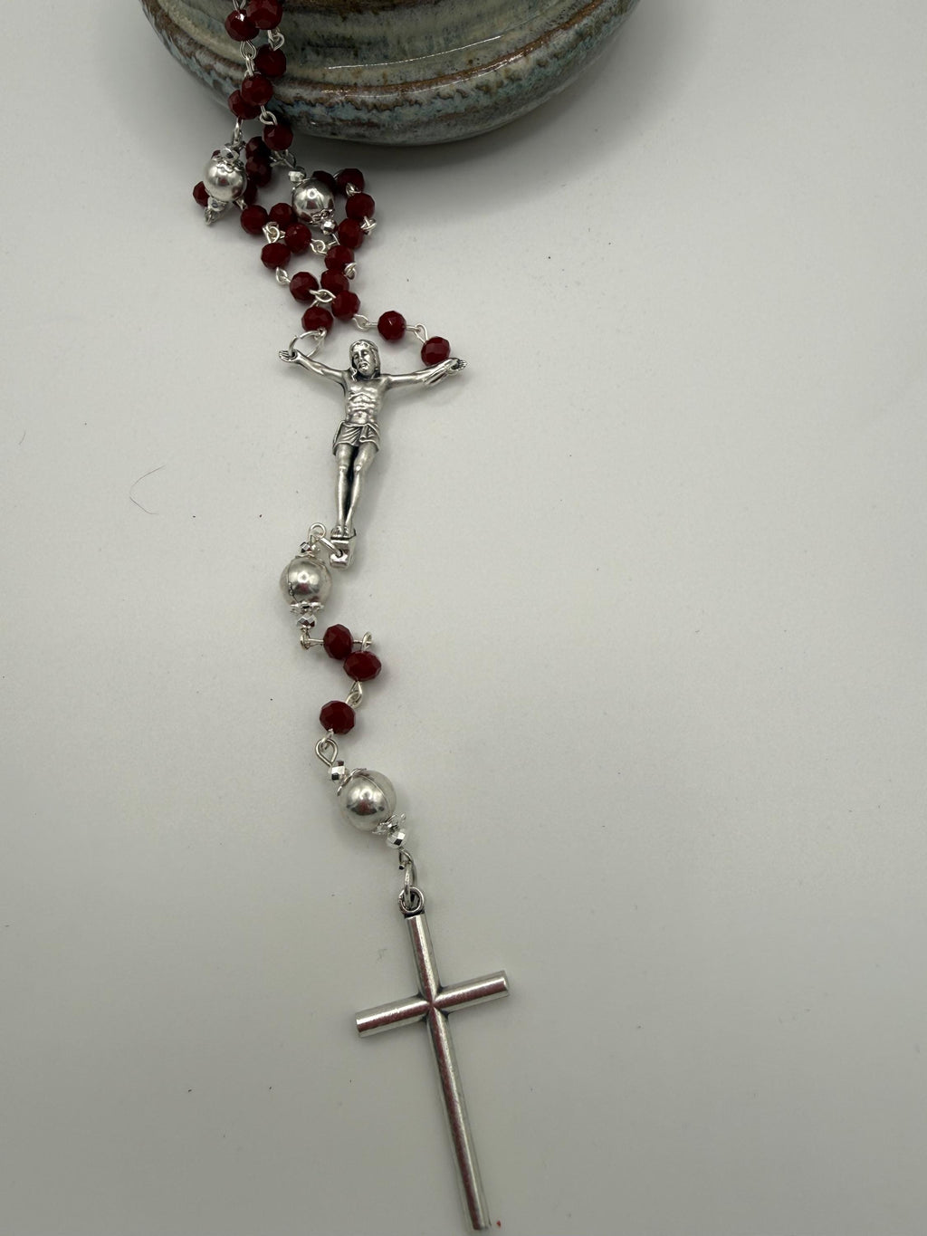 Handmade Catholic Rosary Crucifix | Silver Tone Cross with Red Accent Bead Rosary Crucifix