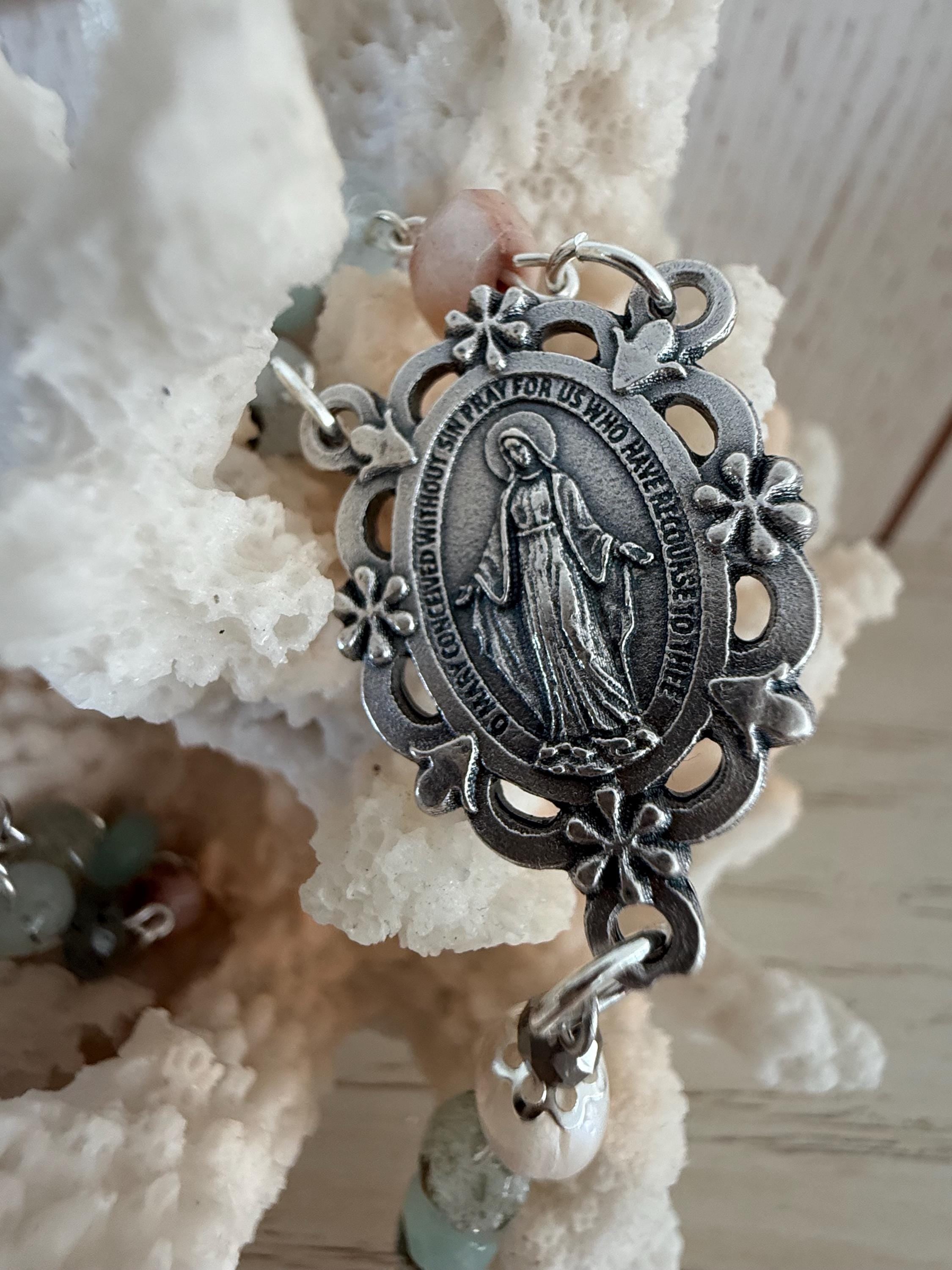 Handmade Amazonite Rosary with Freshwater Pearl Accents - Catholic Rosary Beads - Miraculous Medal