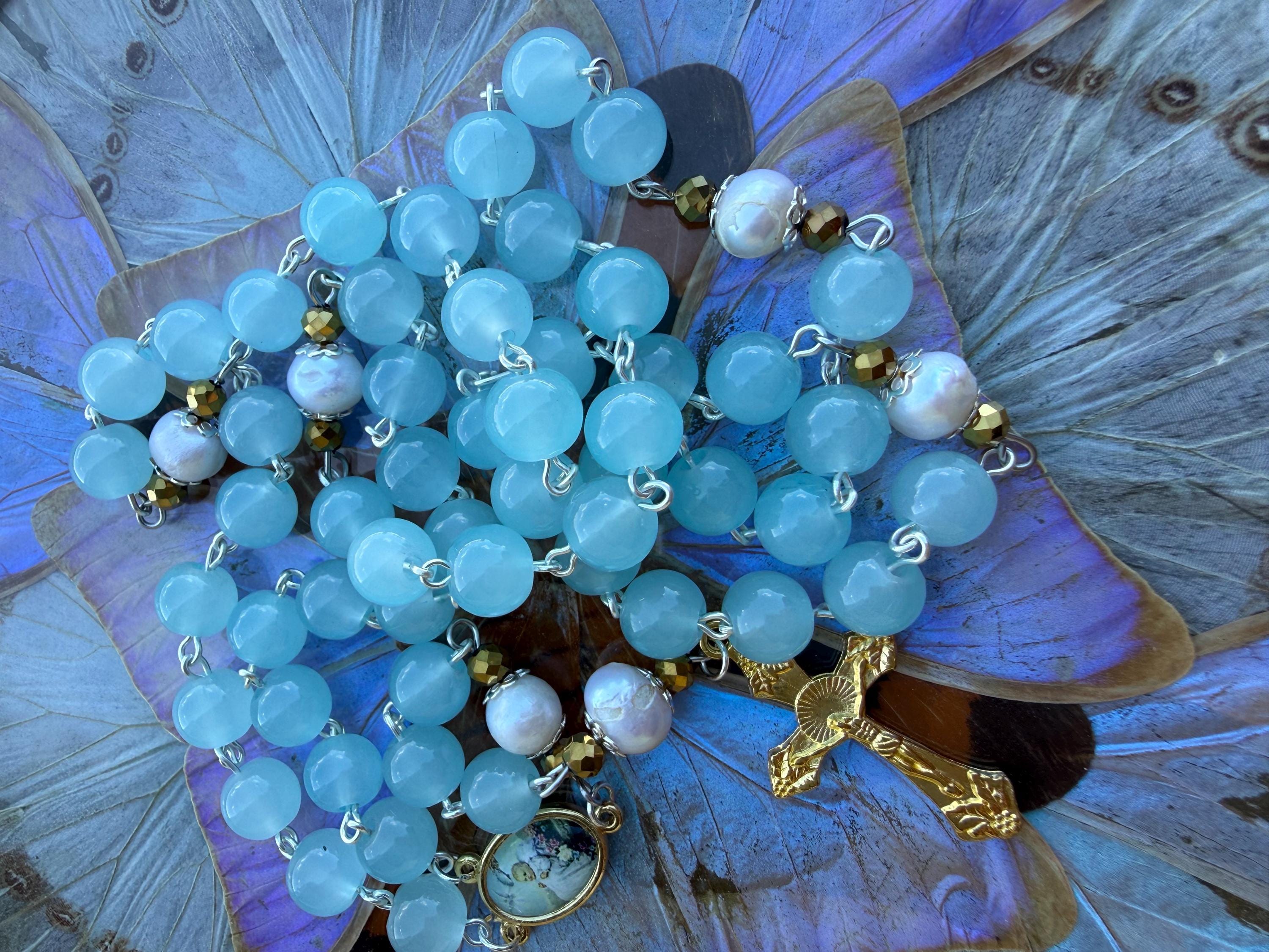 Child Baptism Rosary – Soft Blue Glass Beads, Gold Accents, Marian Centerpiece, Keepsake Christening Rosary