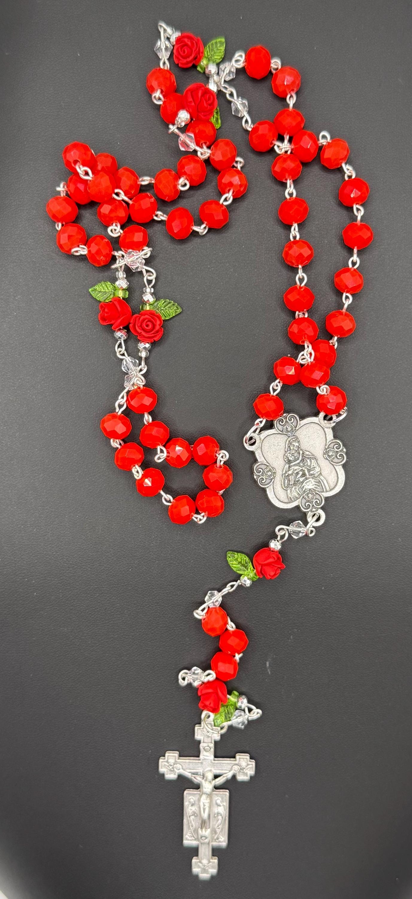 Red Crystal Rosary with Rose Beads - Handmade Devotional Gift