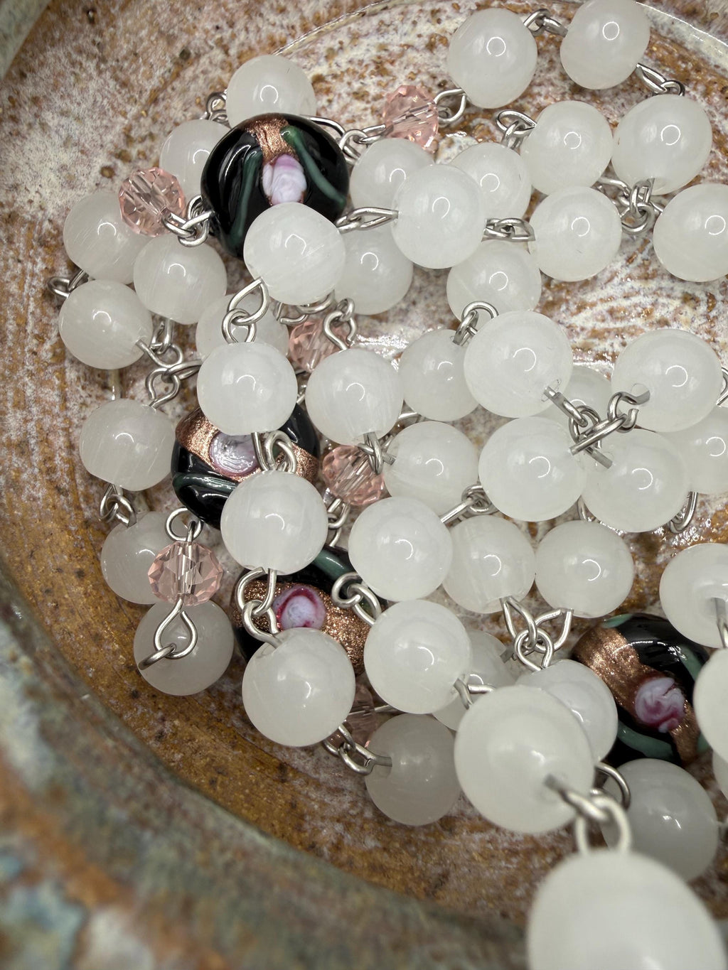 Unique and One of a Kind Rosary With Black Beads and Pink Roses.