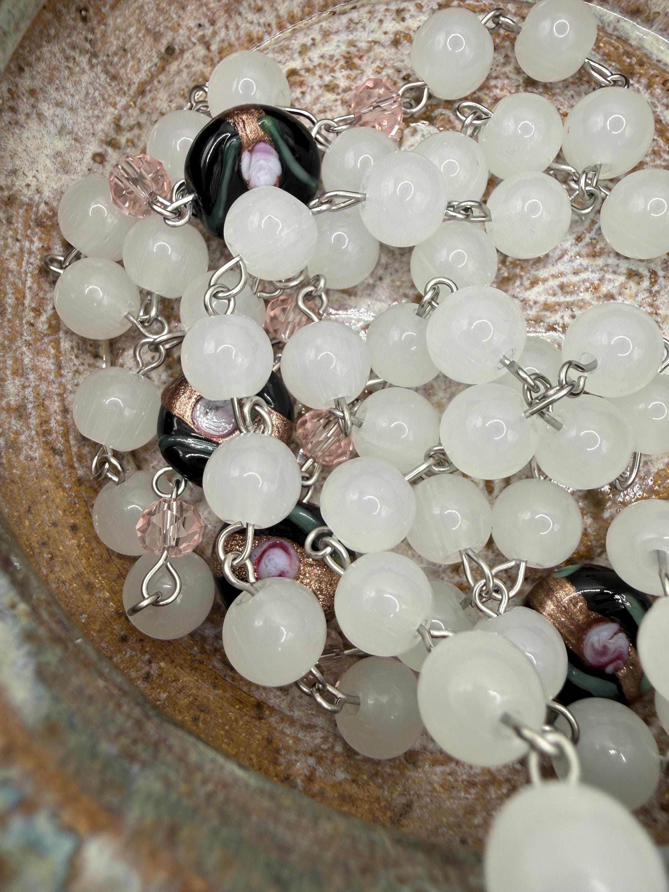 Unique and One of a Kind Rosary With Black Beads and Pink Roses.