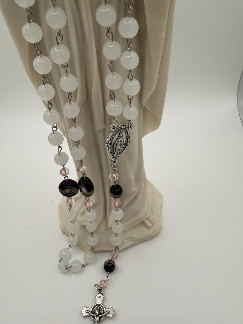 Unique and One of a Kind Rosary With Black Beads and Pink Roses.