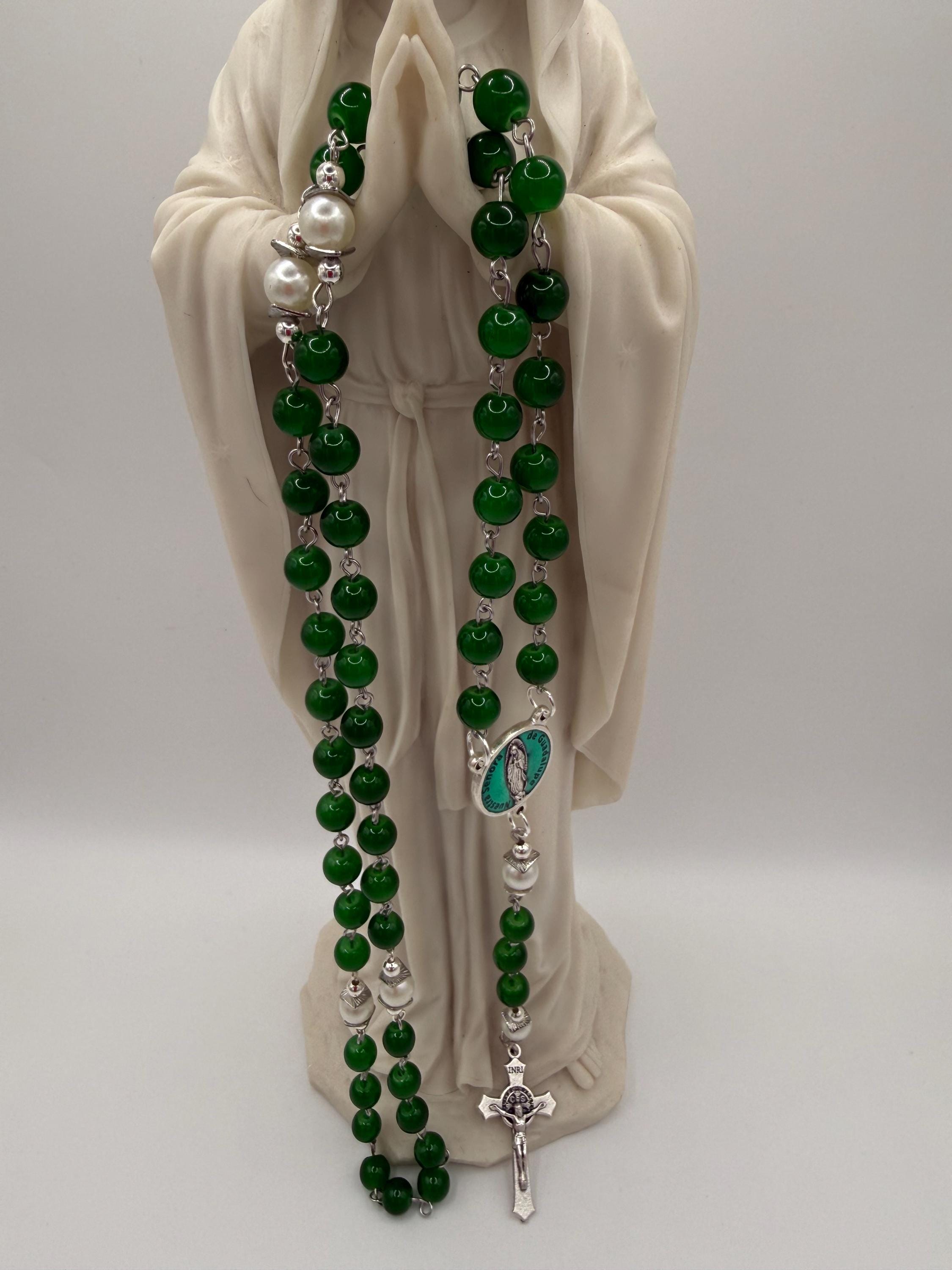 Emerald Green Glass Bead Rosary with Pearl Like Accents | Miraculous Medal Center | St. Benedict Crucifix