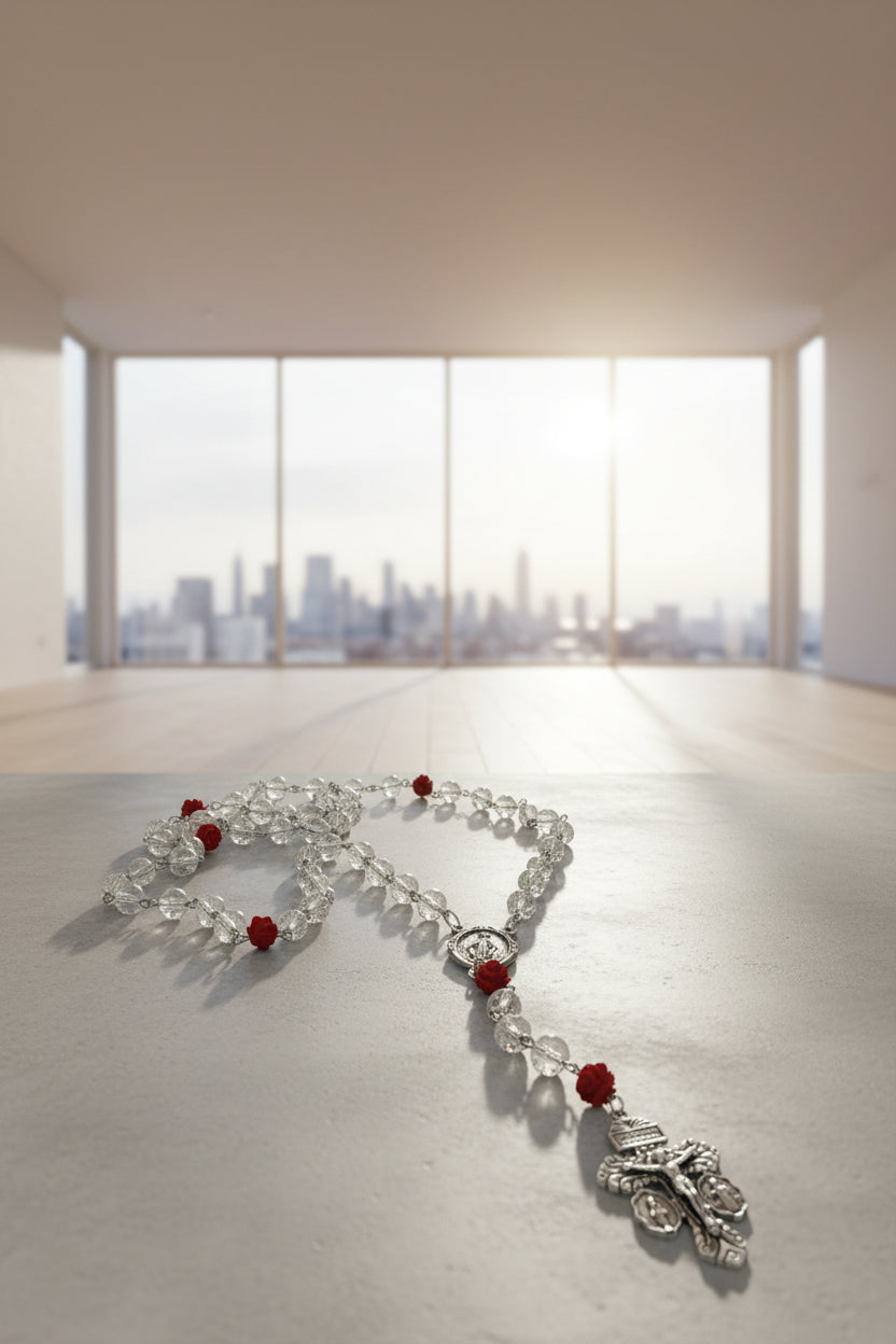 Clear Glass Rosary, Red Rose Beads, Miraculous Medal