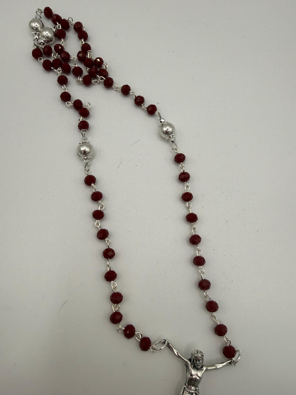 Handmade Catholic Rosary Crucifix | Silver Tone Cross with Red Accent Bead Rosary Crucifix