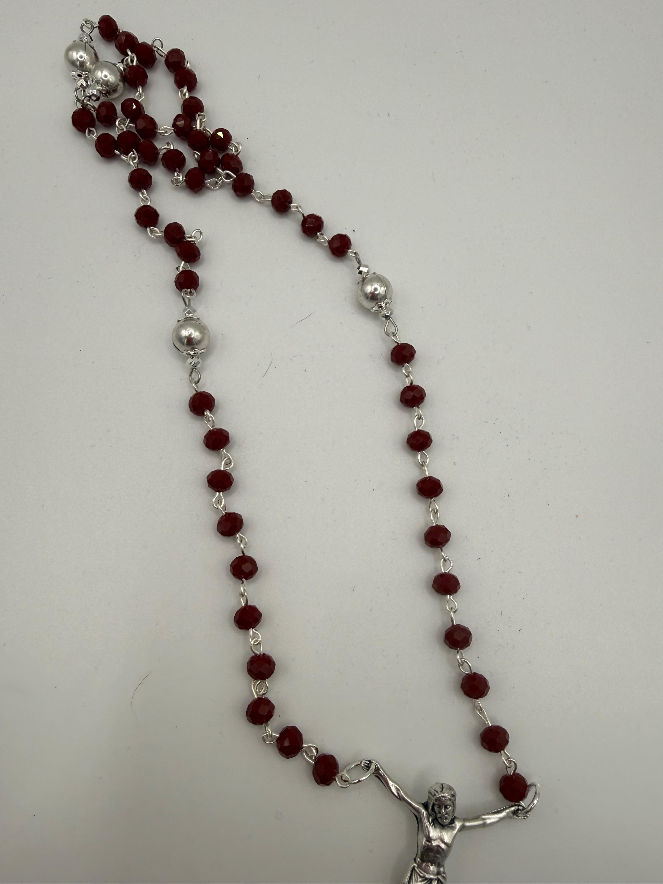 Handmade Catholic Rosary Crucifix | Silver Tone Cross with Red Accent Bead Rosary Crucifix