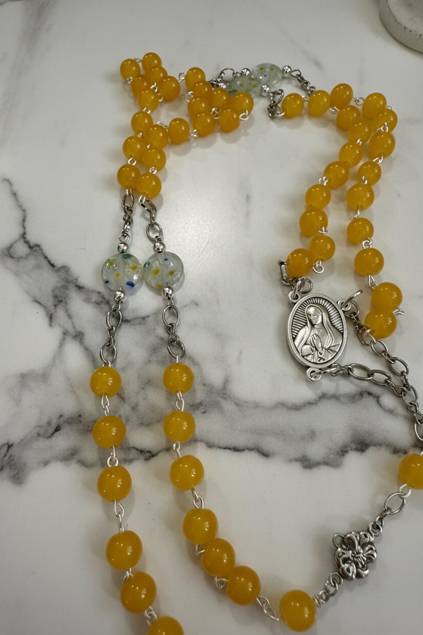 Yellow and White Floral Rosary with Mother Mary Centerpiece