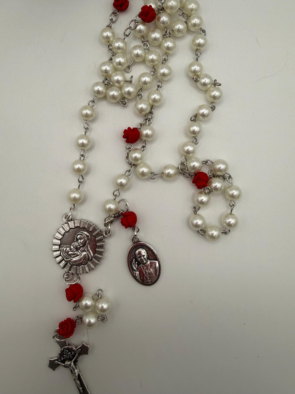 Pearl Like and Red Rose Handmade Rosary Catholic with Madonna Center & Crucifix Gift