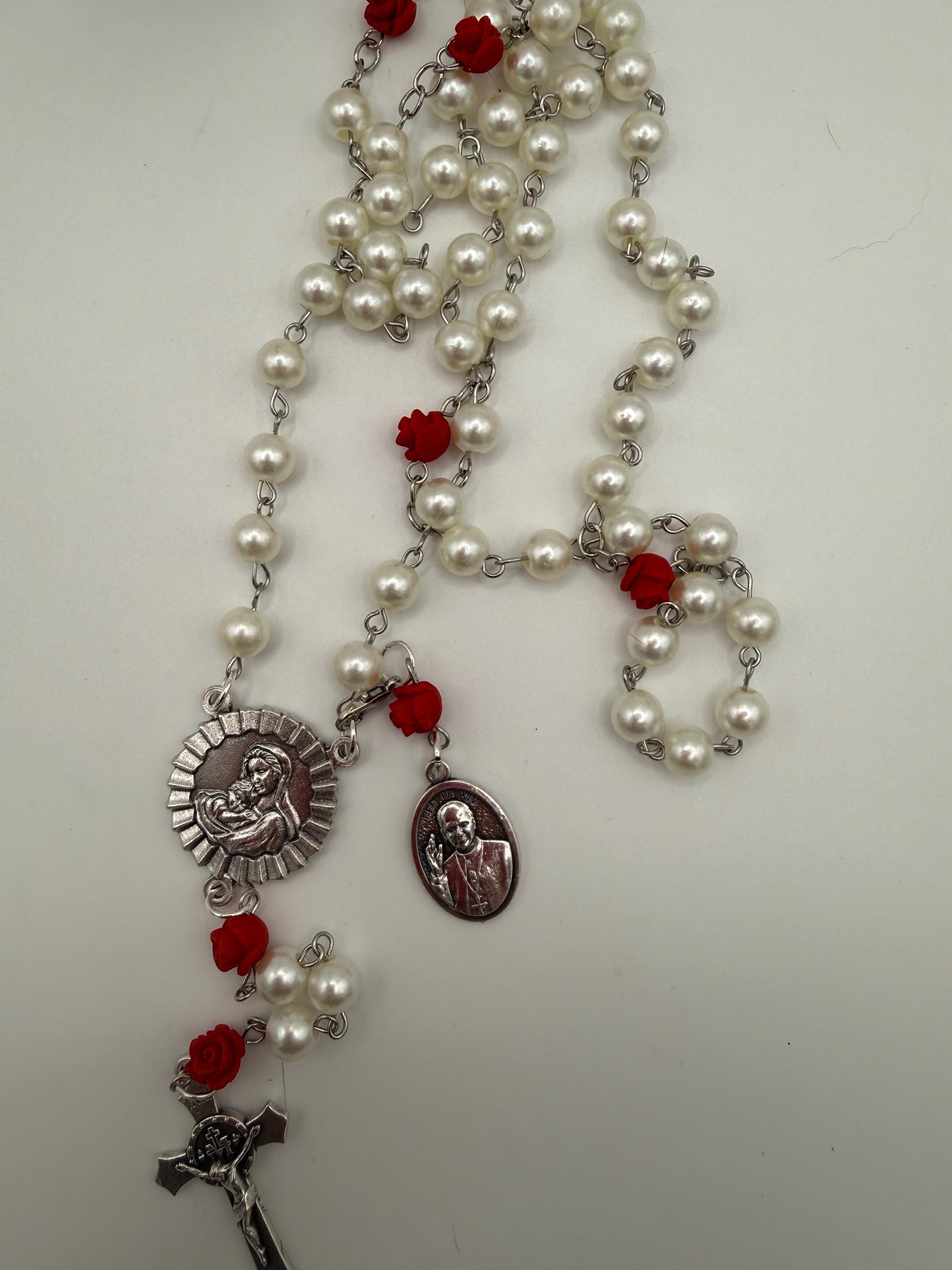 Pearl Like and Red Rose Handmade Rosary Catholic with Madonna Center & Crucifix Gift