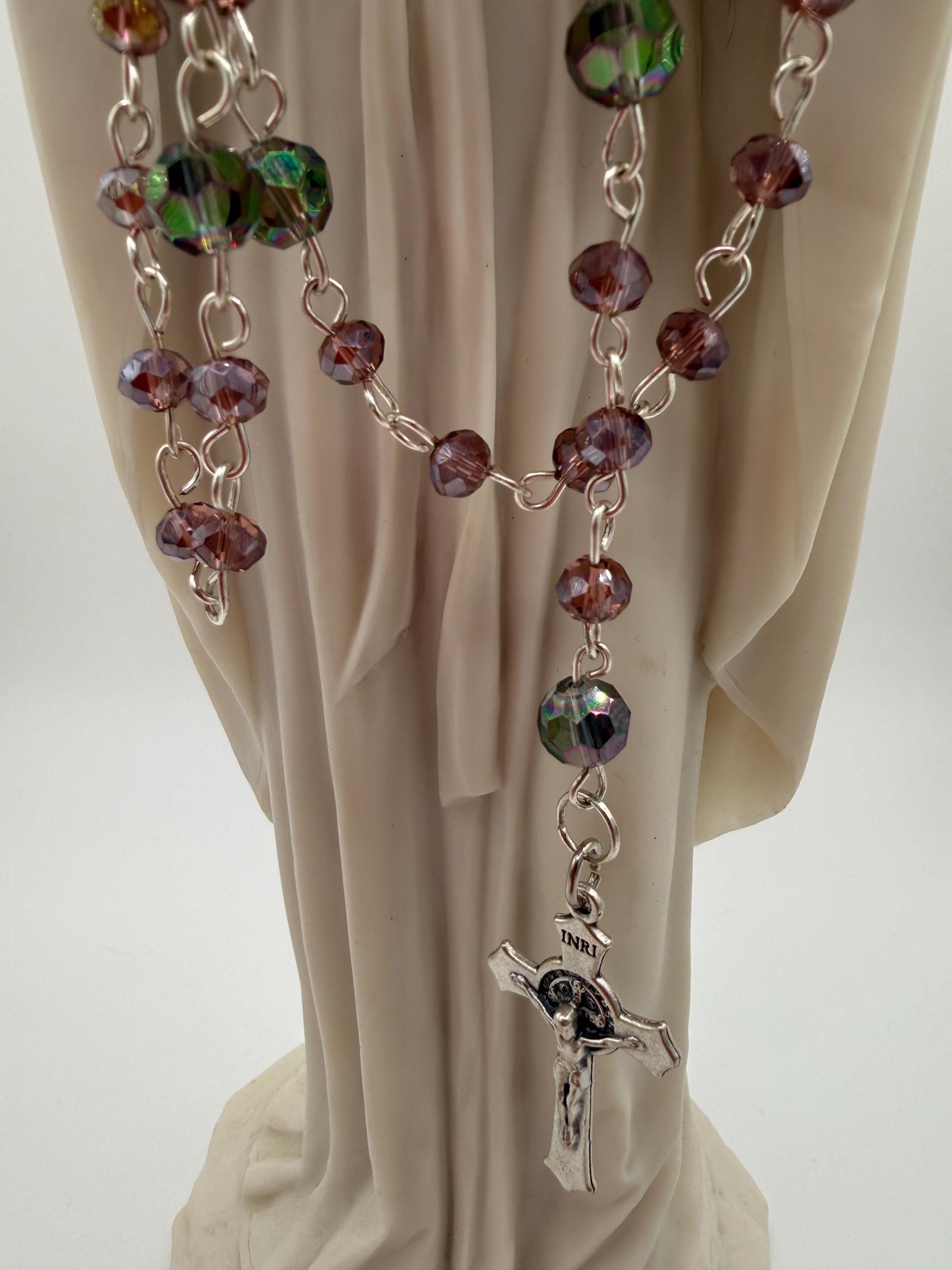 Purple Crystal Rosary, Iridescent Our Father Beads, Miraculous Medal