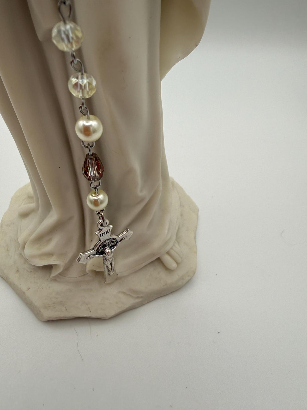 Handcrafted Catholic Rosary - Clear Crystal & Faux Pearl Beads with St. Benedict Crucifix and Sacred Heart Centerpiece - Traditional Prayer