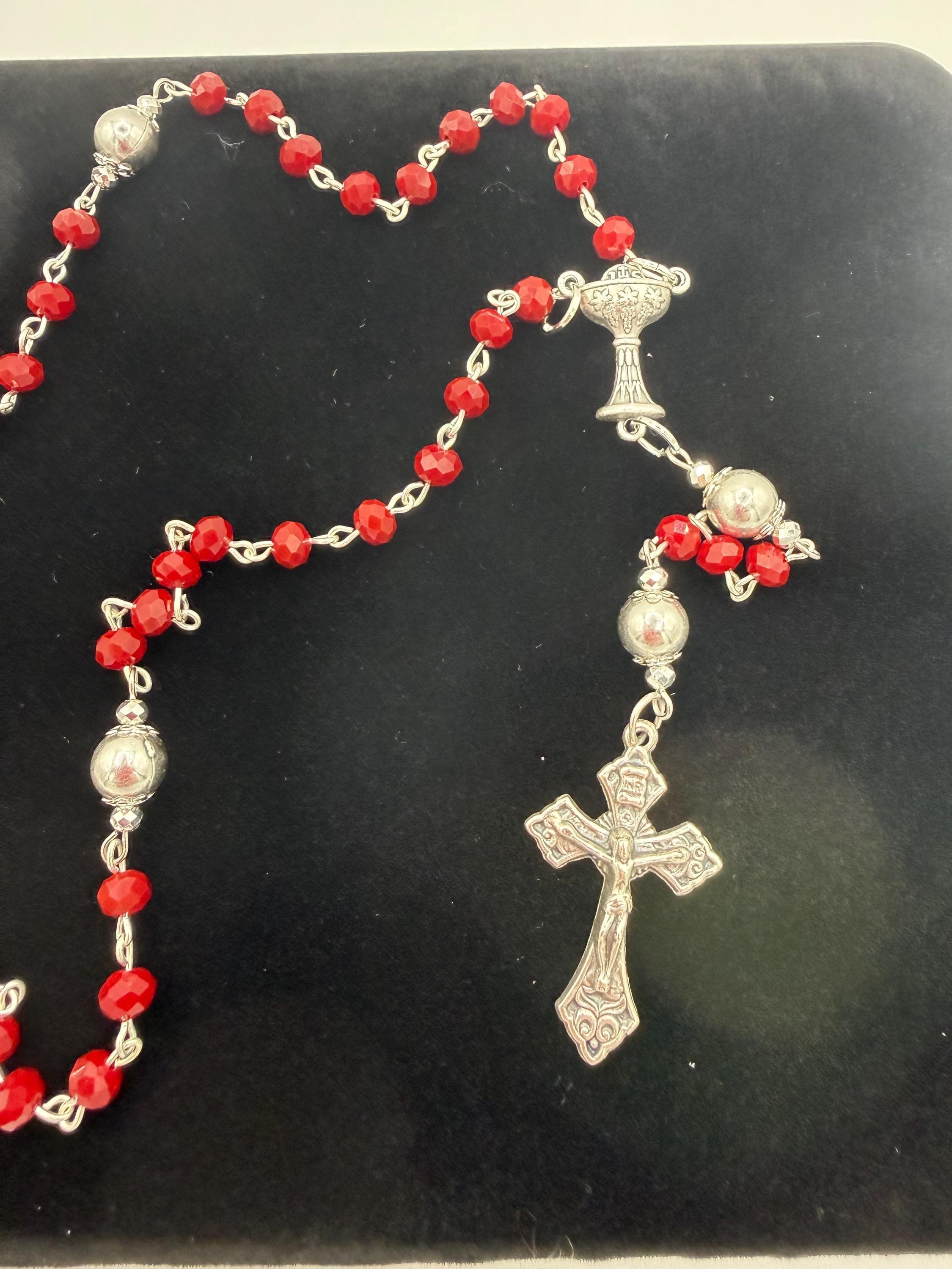 Deep Red Crystal First Communion Rosary – Chalice Centerpiece, Pardon Crucifix