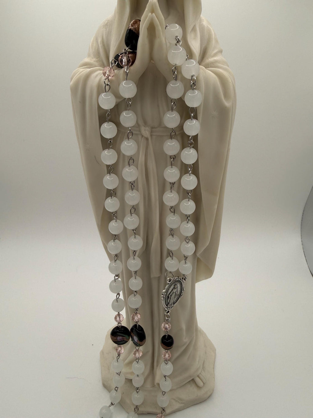 Unique and One of a Kind Rosary With Black Beads and Pink Roses.