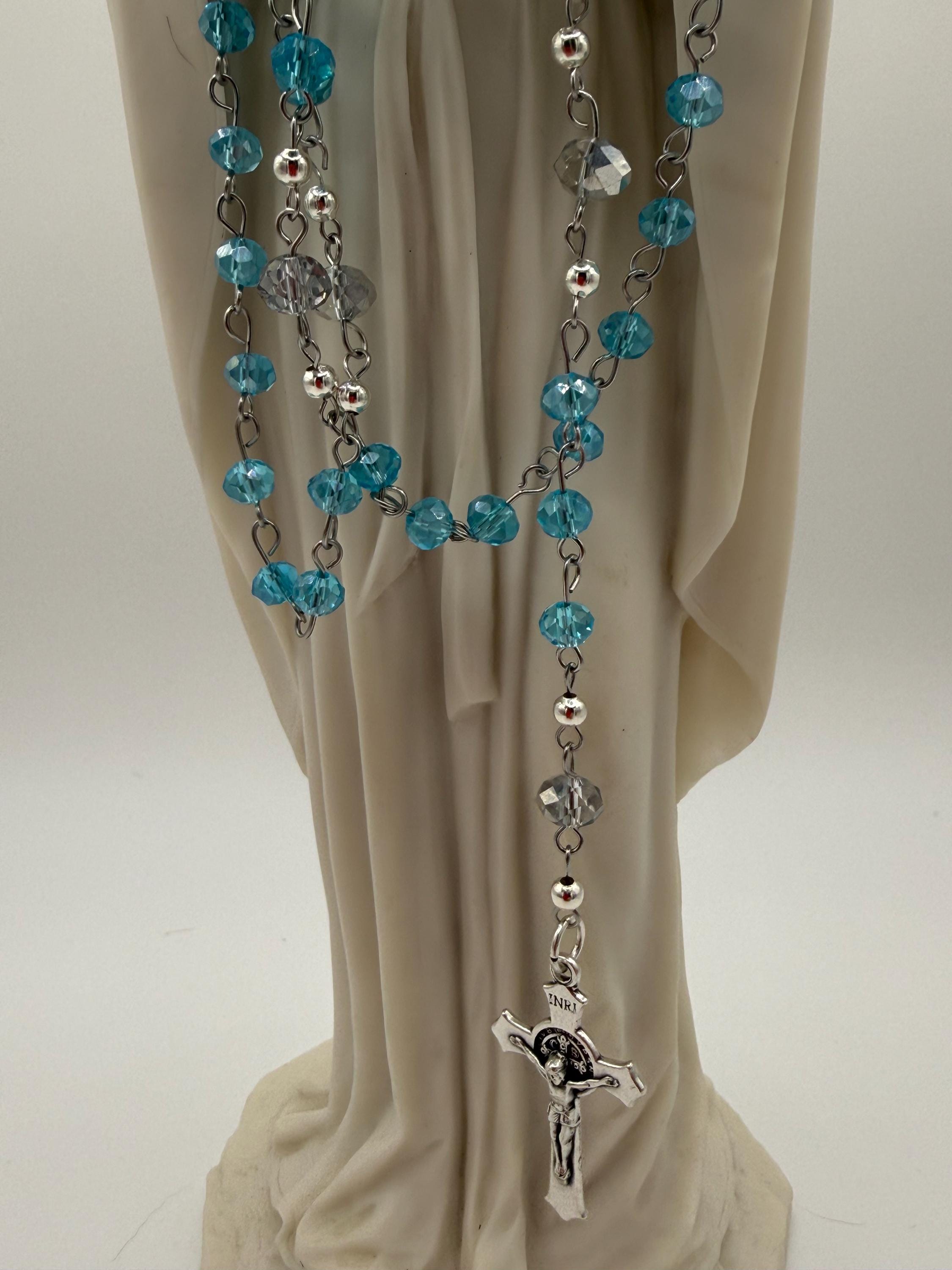 Light Blue Crystal Rosary with Mother Mary Centerpiece.