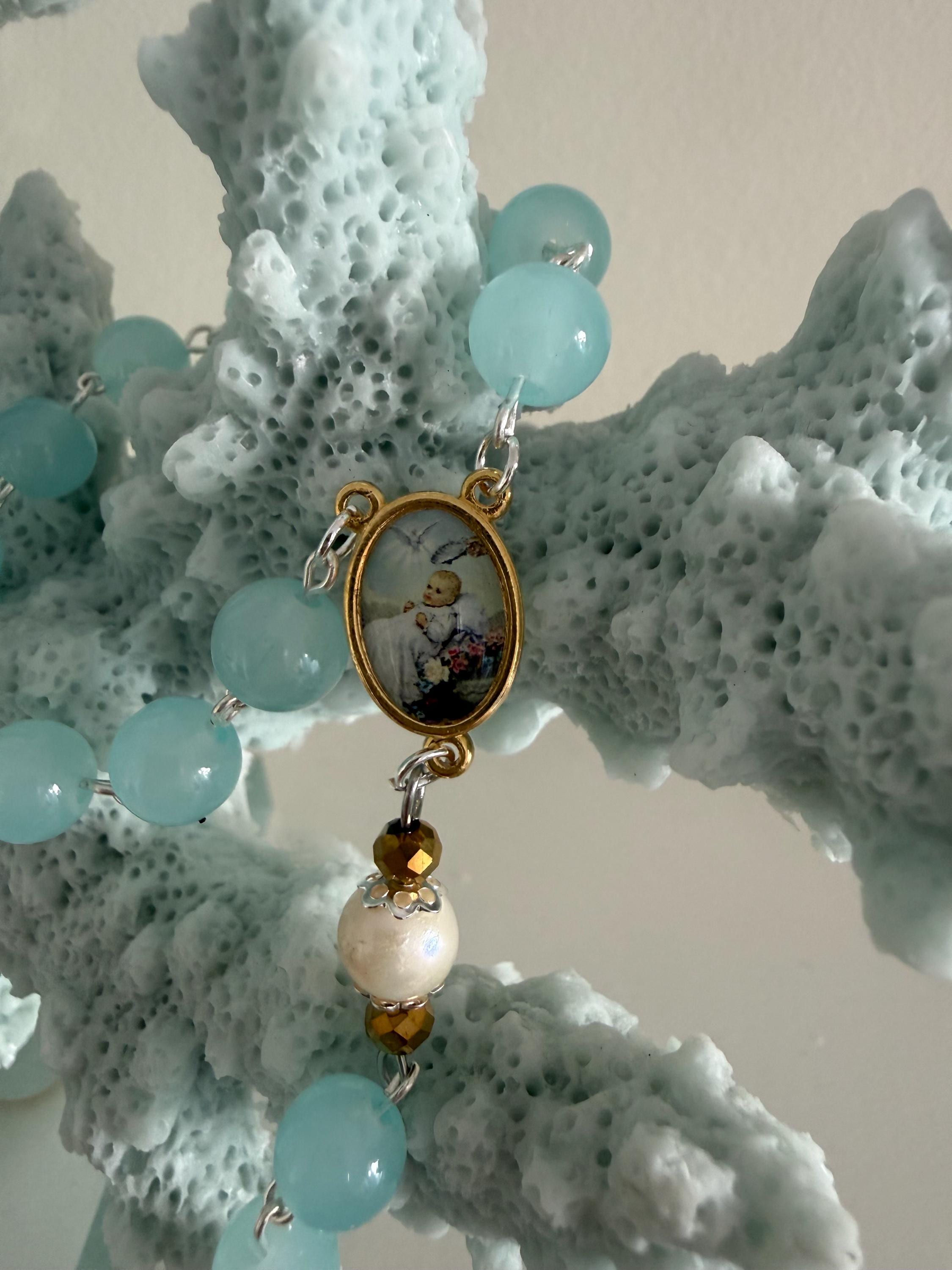 Child Baptism Rosary – Soft Blue Glass Beads, Gold Accents, Marian Centerpiece, Keepsake Christening Rosary