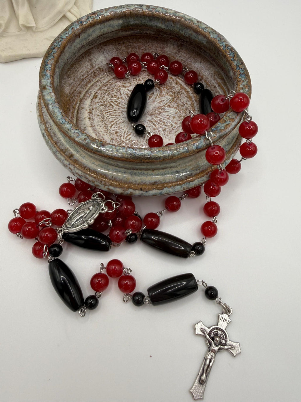 Catholic Red Glass Beads and Vintage Black Agate Beads