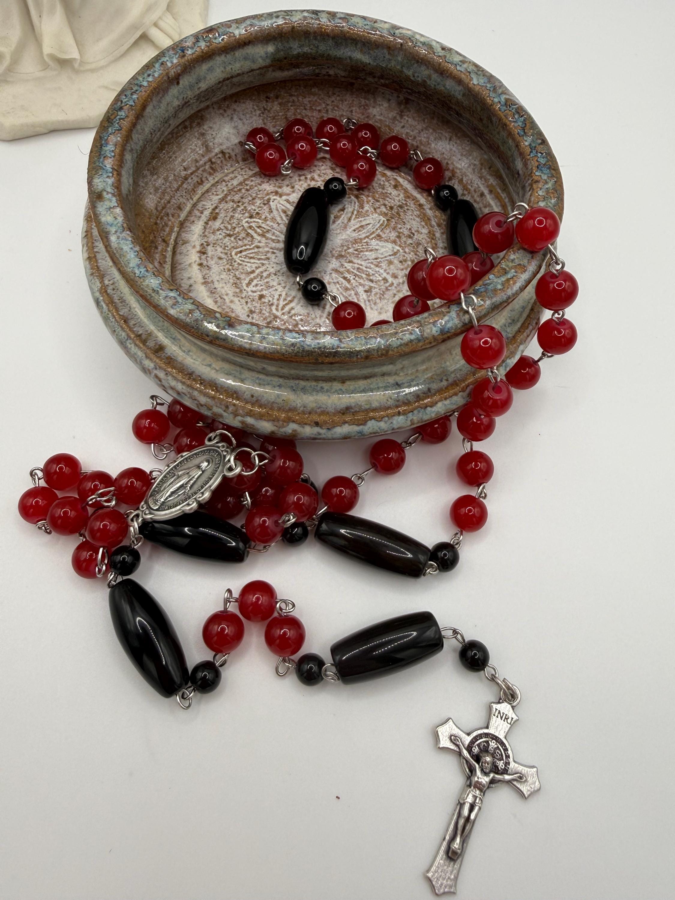 Catholic Red Glass Beads and Vintage Black Agate Beads