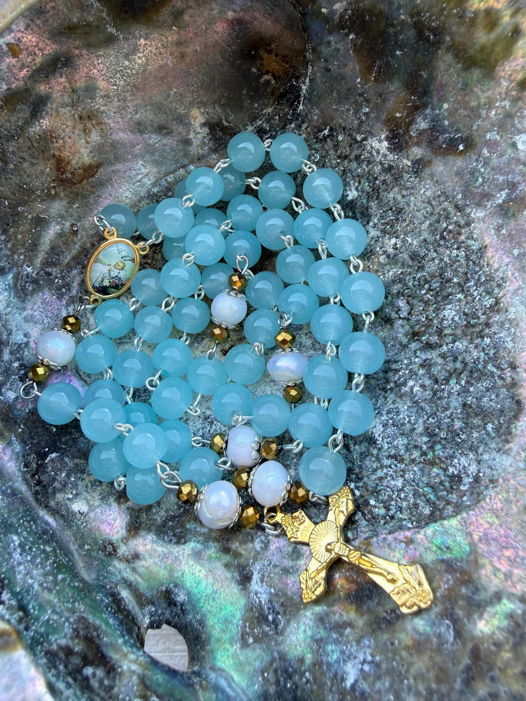 Child Baptism Rosary – Soft Blue Glass Beads, Gold Accents, Marian Centerpiece, Keepsake Christening Rosary