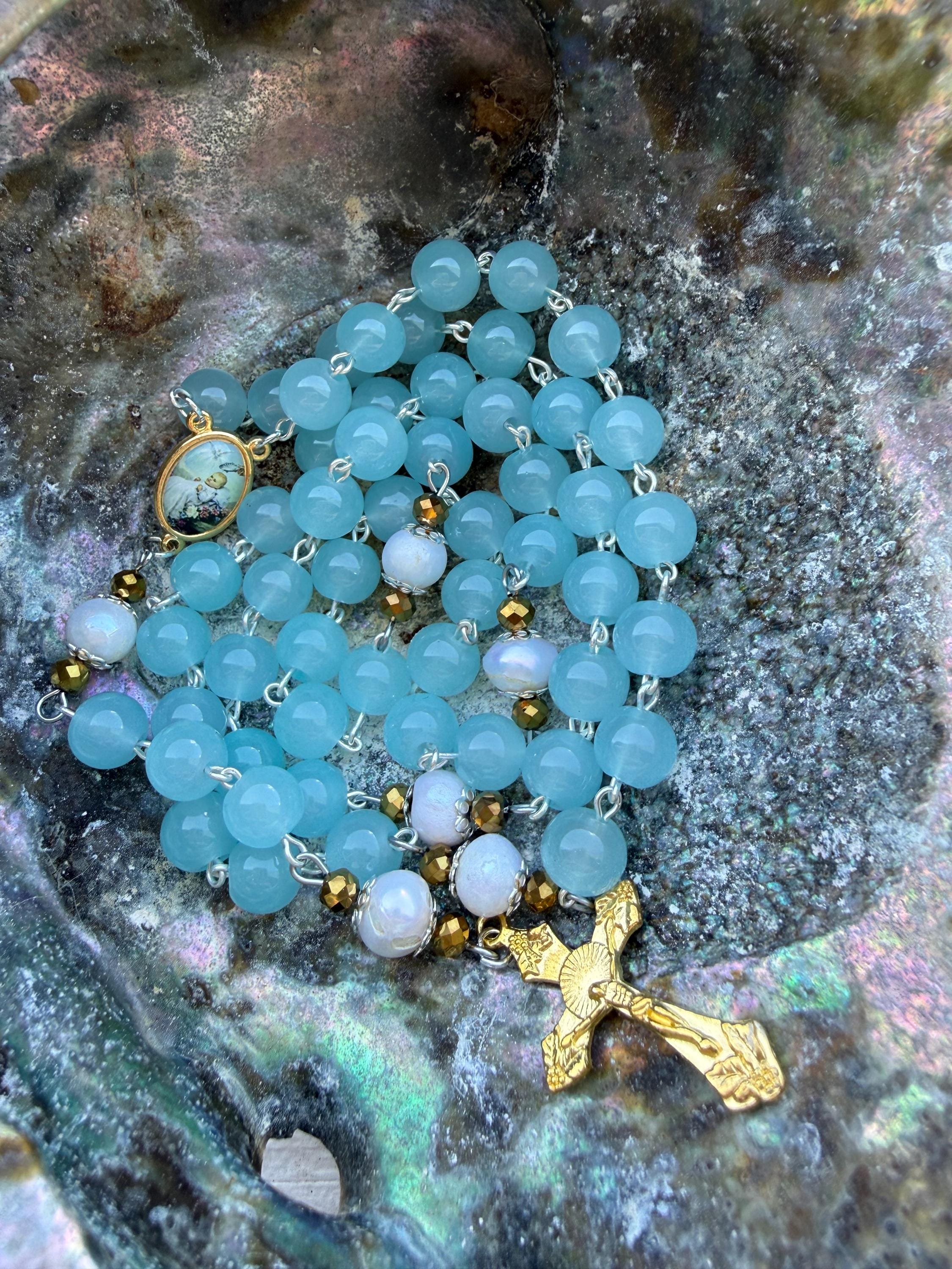 Child Baptism Rosary – Soft Blue Glass Beads, Gold Accents, Marian Centerpiece, Keepsake Christening Rosary