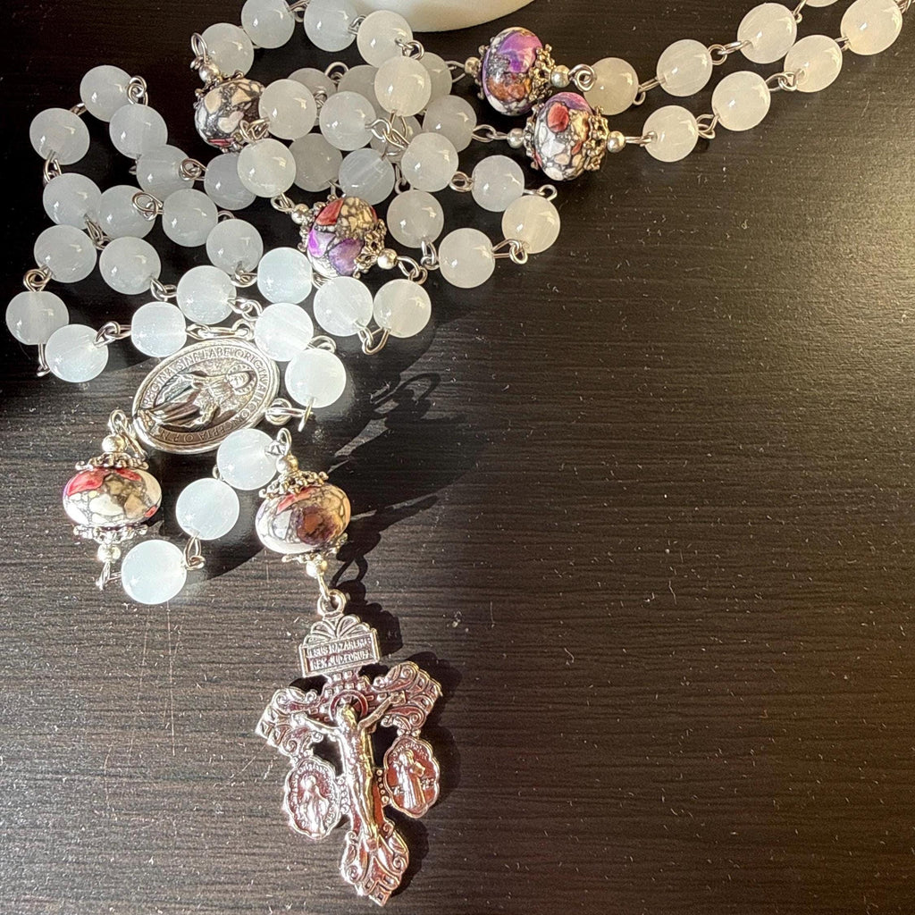 White Stone Rosary with Silver-Capped Accent Marble “Our Father” Beads.