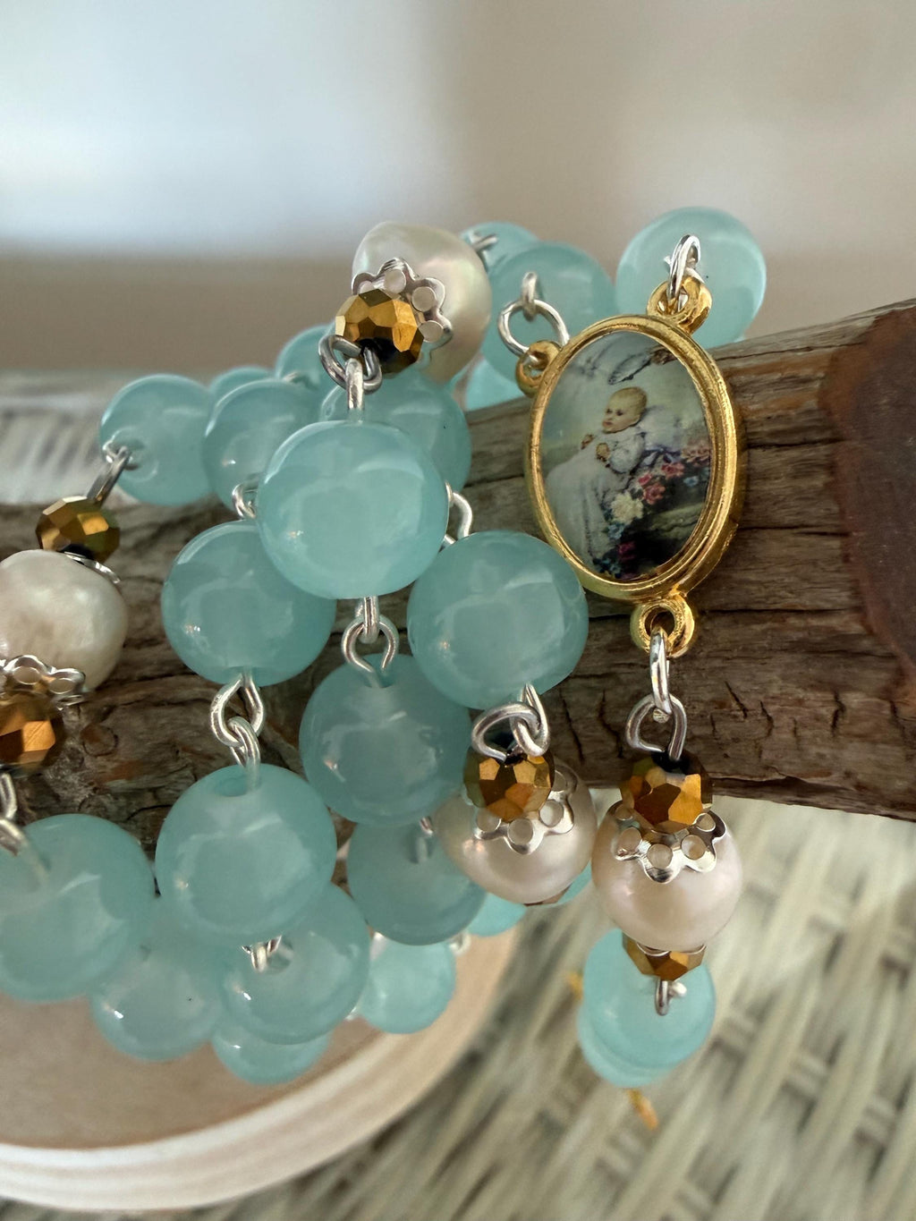 Child Baptism Rosary – Soft Blue Glass Beads, Gold Accents, Marian Centerpiece, Keepsake Christening Rosary