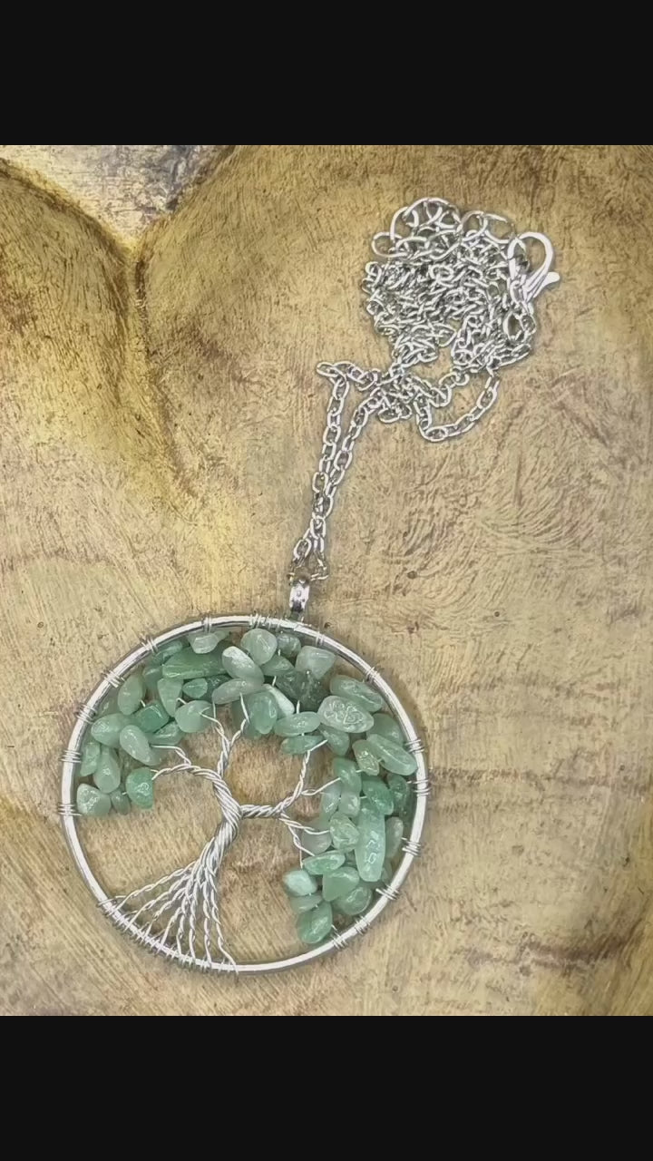 Wire Wrapped Green Aventurine Tree of Life Pendant Necklace • Silver Chain Boho Jewelry