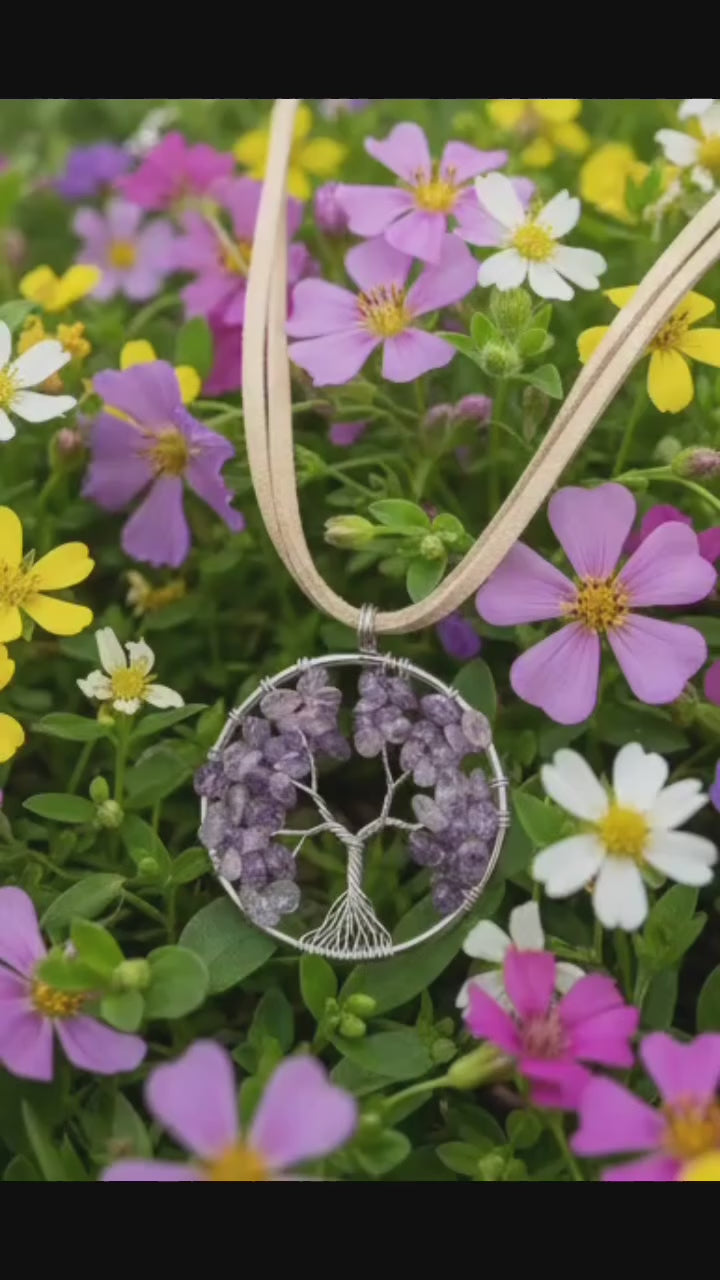 Boho Amethyst Tree of Life Wire Wrapped Pendant Necklace