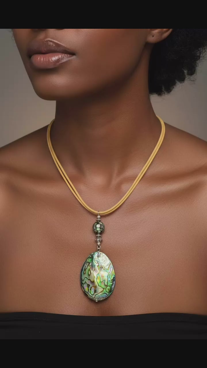 Natural Abalone Shell Pendant Necklace with Tan Leather Cord