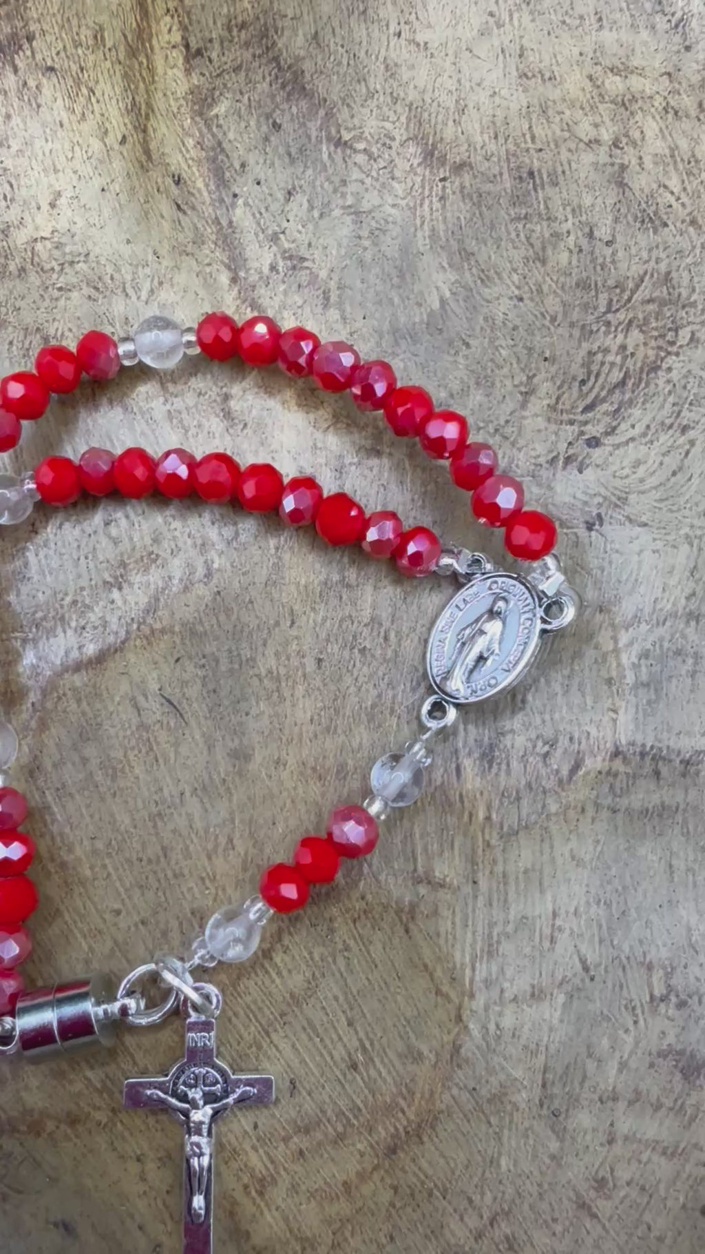 Red Crystal Rosary Bracelet – Miraculous Medal & Silver Crucifix | Handmade Catholic Gift