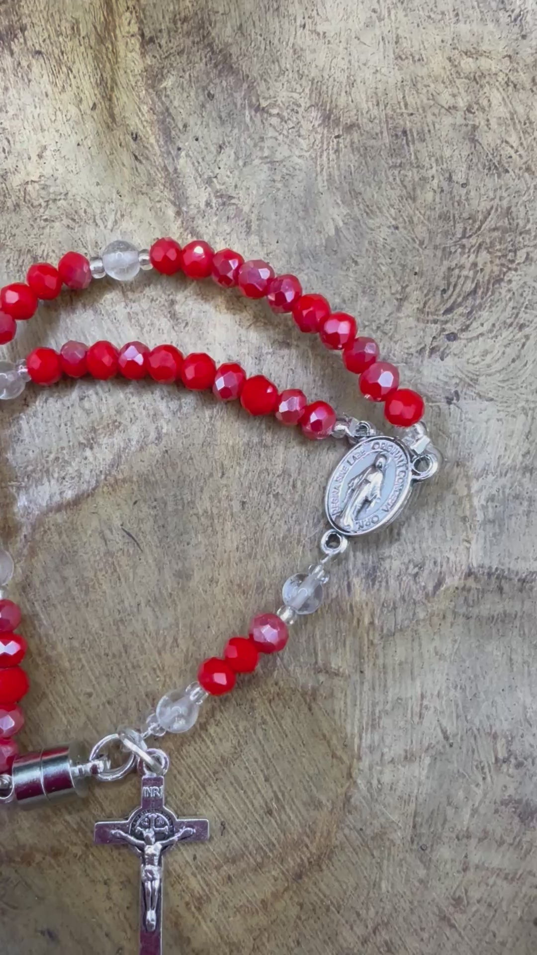 Red Crystal Rosary Bracelet – Miraculous Medal & Silver Crucifix | Handmade Catholic Gift