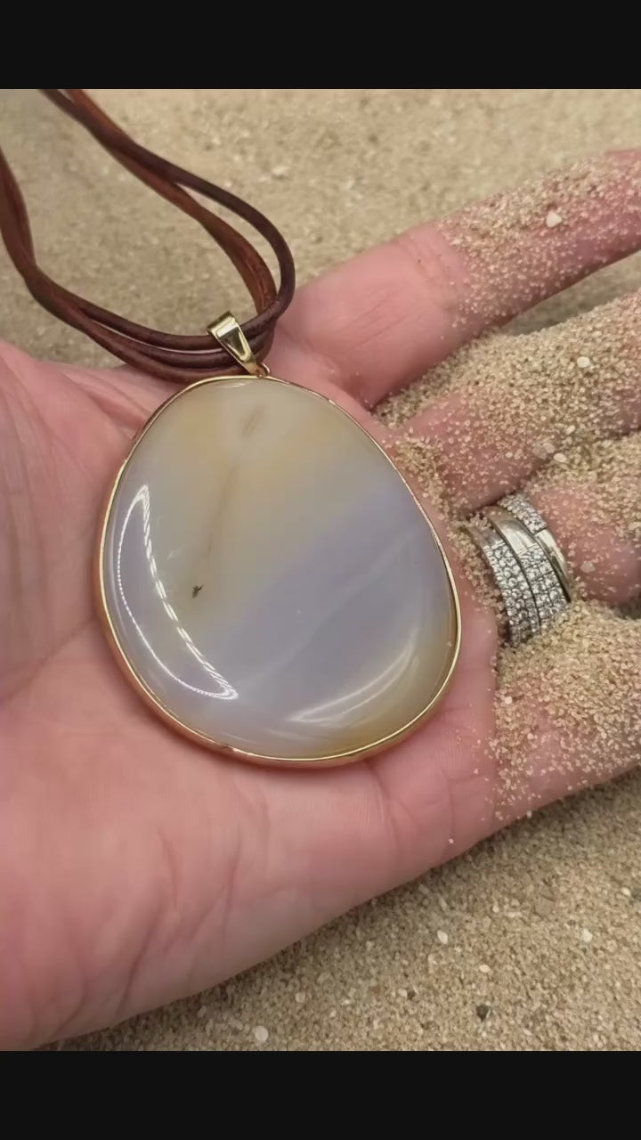 Natural Agate Slice Pendant Necklace | Gold Edged Polished Gemstone | Multi-Strand Brown Leather Cord | Boho Statement Jewelry Gift