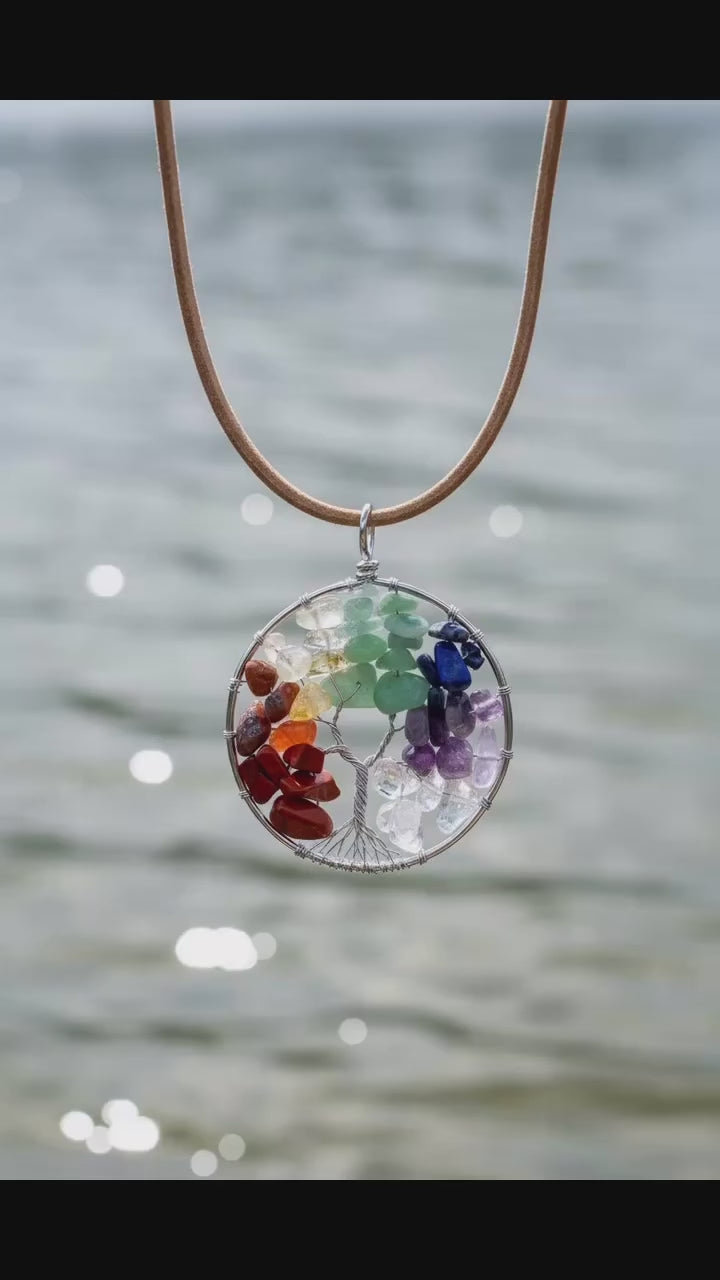 Chakra Tree of Life Pendant Necklace, Wire Wrapped Rainbow Crystal Chip Pendant on Tan Suede Cord, Boho Chic Spiritual Gemstone Jewelry