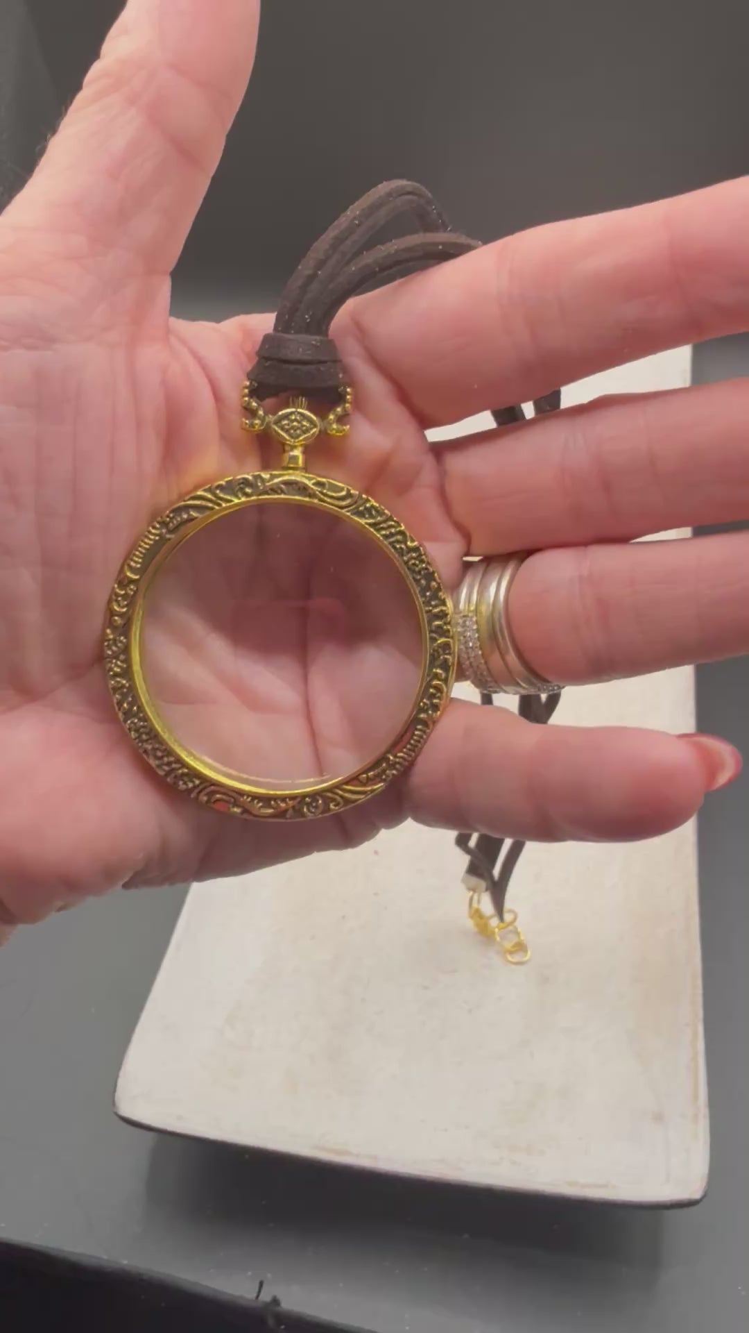 Vintage Style Magnifying Glass Pendant Necklace, Gold Ornate Round Loupe Charm on Brown Suede Cord, Steampunk Antique Style Monocle Necklace, Functional Reading Glass Jewelry