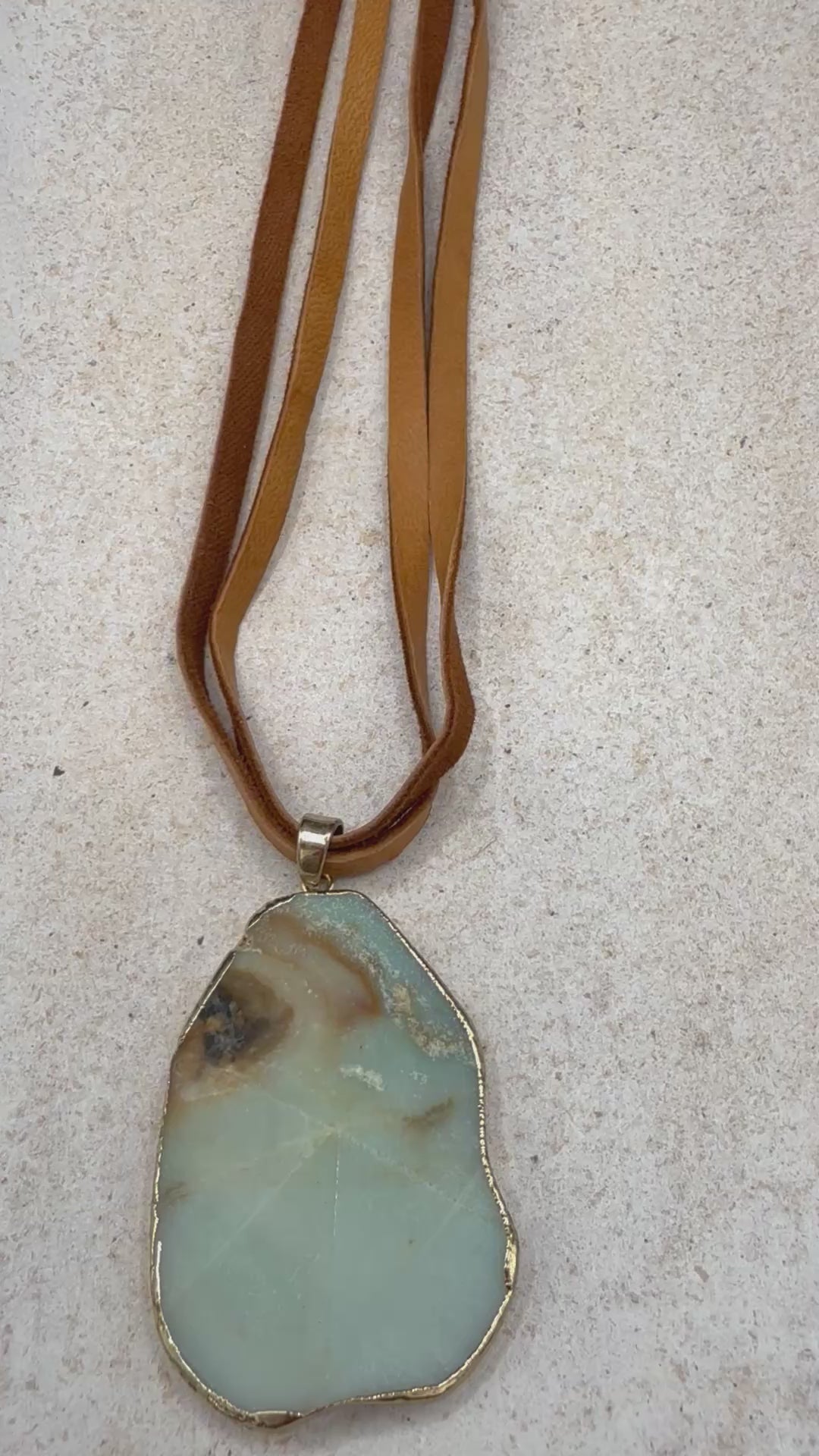 Natural Amazonite Stone Slice Pendant Necklace | Genuine Green Gemstone on Brown Leather Cord | Boho Chic Jewelry | Earthy Handmade Gift for