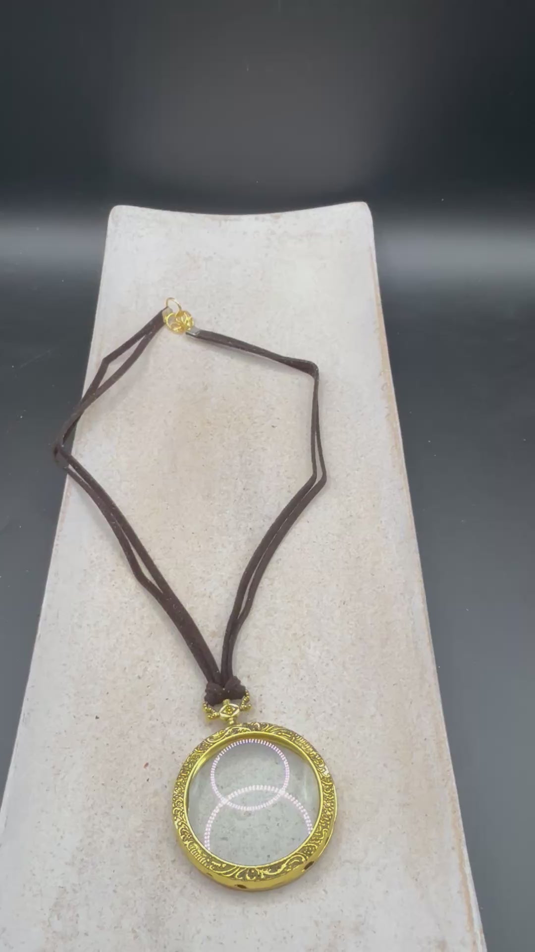 Vintage Style Magnifying Glass Pendant Necklace, Gold Ornate Round Loupe Charm on Brown Suede Cord, Steampunk Antique Style Monocle Necklace, Functional Reading Glass Jewelry